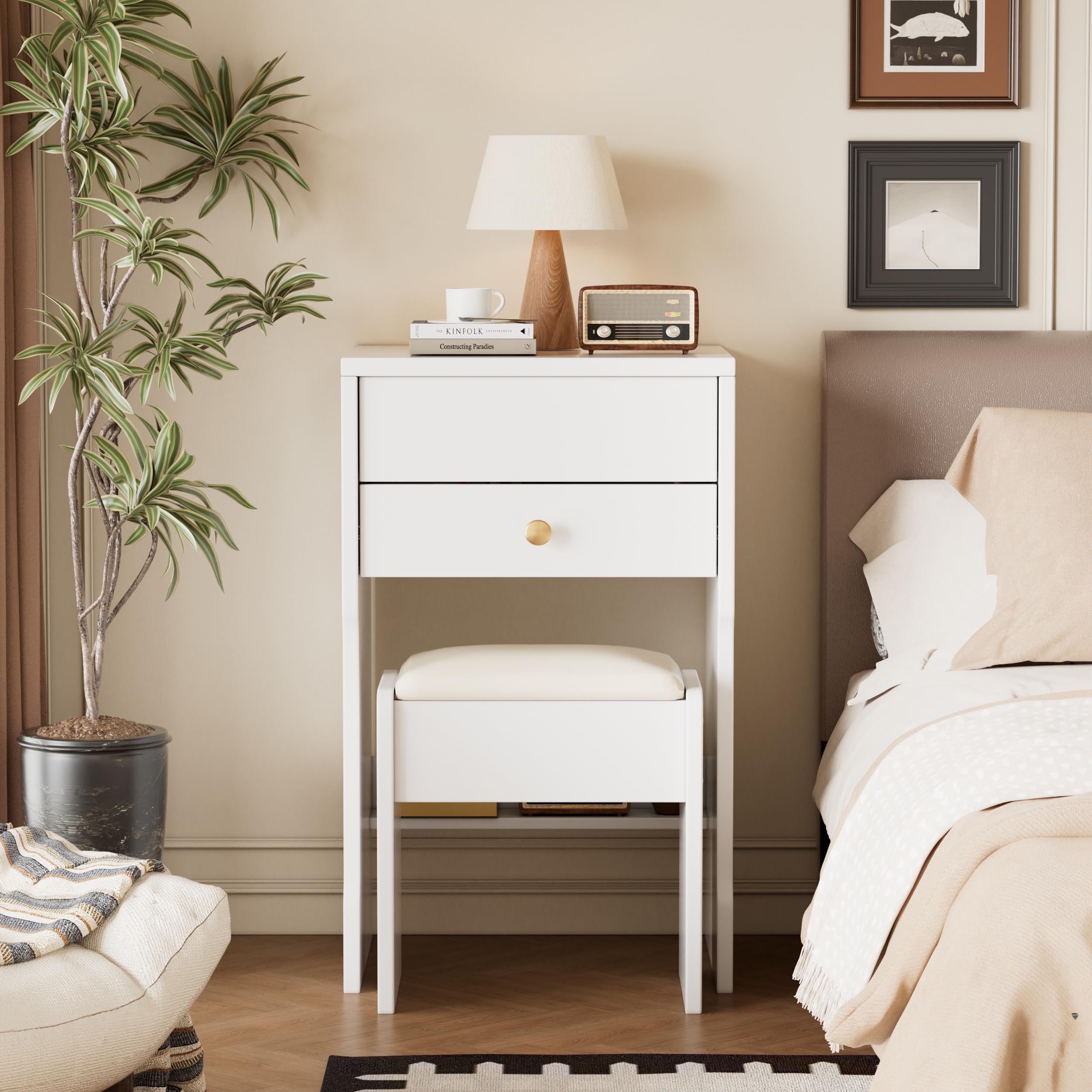 MSFE 3 in 1 Tavolo da Trucco con specchio, Piccola Vanity Toeletta da Trucco Moderna con Sgabello, Tavolo da Toeletta Piccolo con Sgabello, Cassetti e Scatola Portaoggetti, 37.5 * 40 * 109 cm
