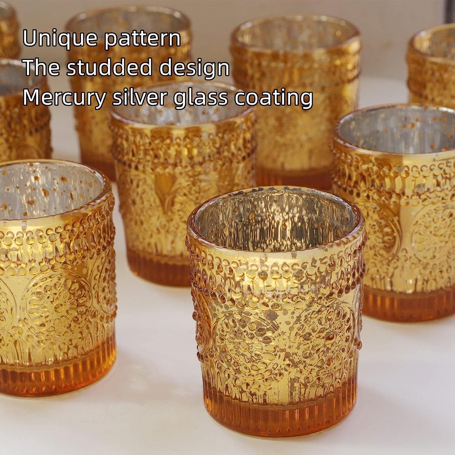 Teelichthalter Gold, 12er-Set Kerzenhalter Glas, Großpackung für den Tischaufsatz bei Hochzeiten, Teelichthalter aus Quecksilberglas (5.5cm x 6.5cm, B/H)