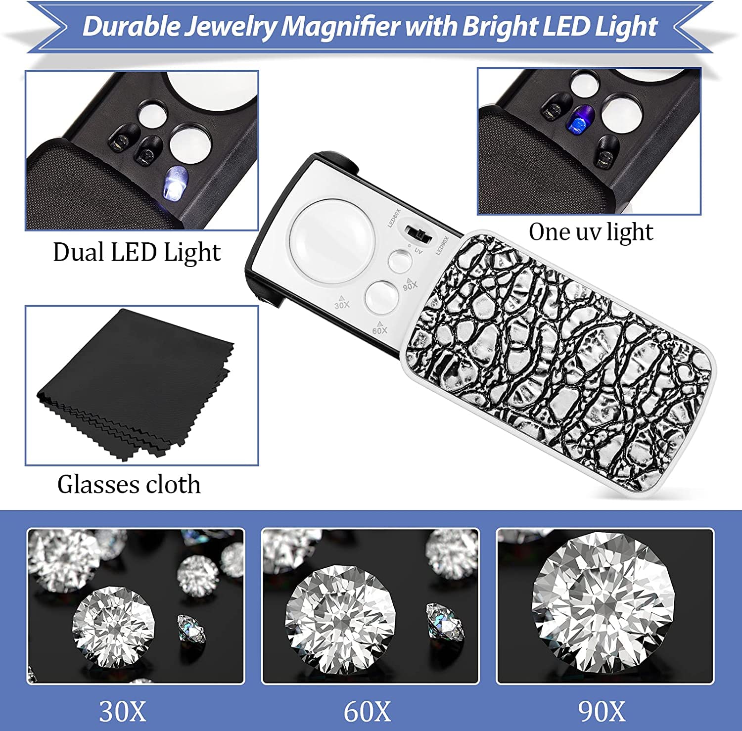 Lot de 2 loupes à bijoux, 30 x 60 x 90 x avec lumière noire UV pour bijoux, pièces de monnaie