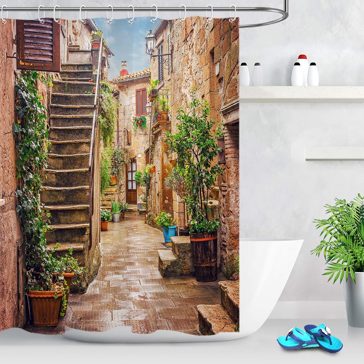 MMPTn Tenda da Doccia Italiana in Stile Rustico Vecchia casa di Pietra Europea in Pietra con vicolo, Decorazione Floreale Floreale Verde Poliestere 71x71 Pollici con dodici Ganci in plastica