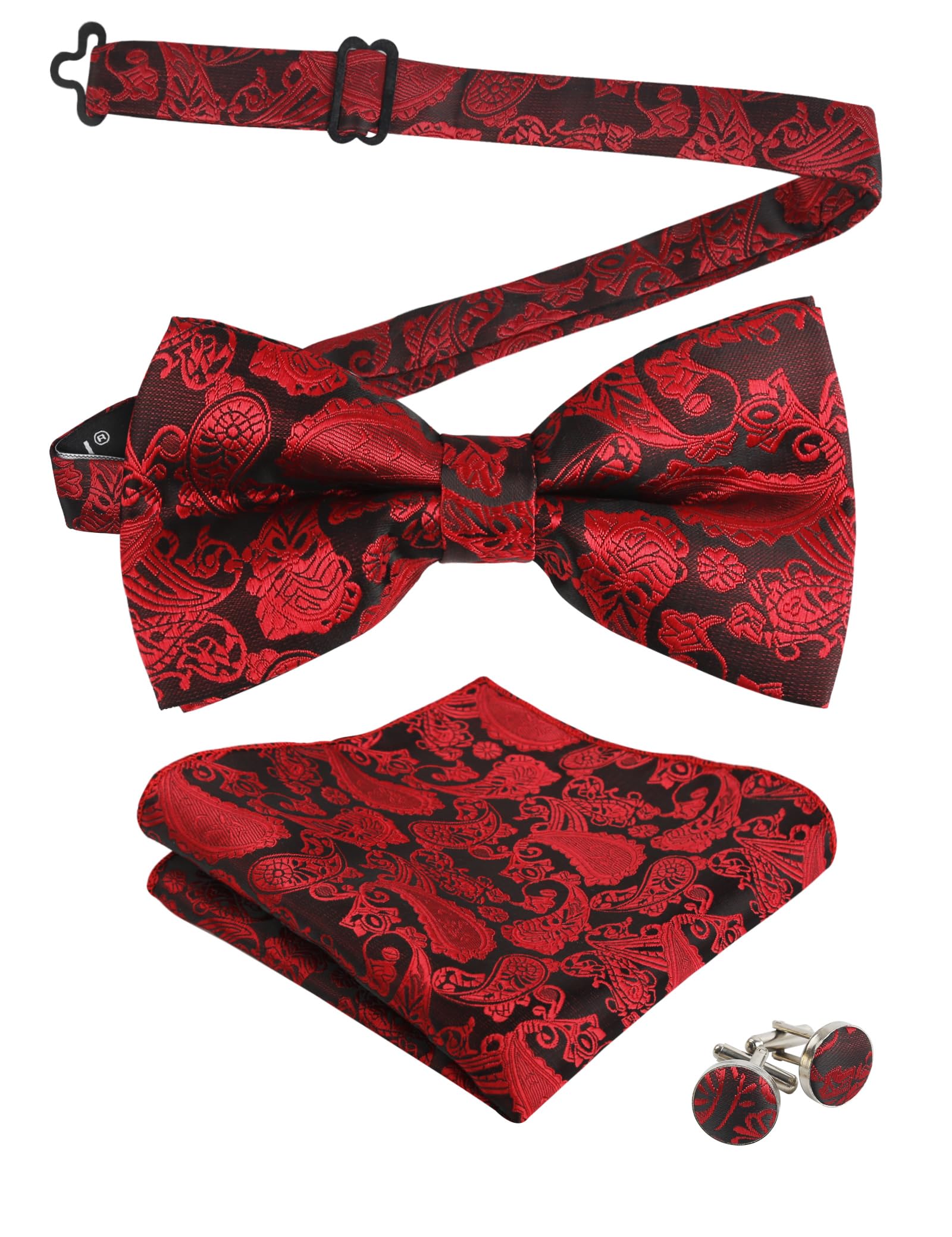 Men's Paisley Bow Tie, Hanky and Cufflinks Set (Wine Red)(Size: One Size)