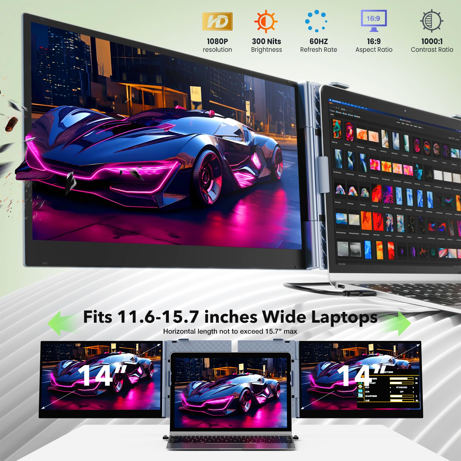 SMISEACOW Monitor portatile per laptop,Ultra-sottile e Ultra-leggero da 14″FHD 1080P S8Pro Triplo Schermo PC Portatile,Plug & Play per laptop da 13-17″con supporto,compatibile con Windows/Mac/Linux