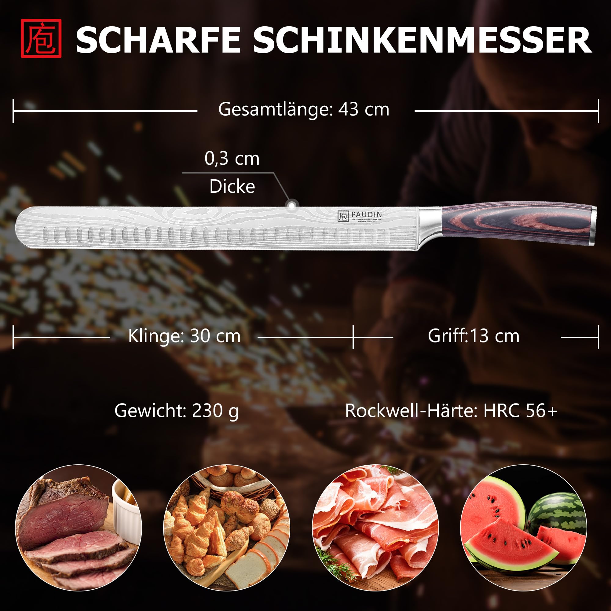 PAUDIN Schinkenometro bere coltello da 30 cm, coltello da cucina per prosciutto, coltello da pesce professionale fatto in acciaio inossidabile ad alta qualità con impugnatura pakkaholz ergonomica
