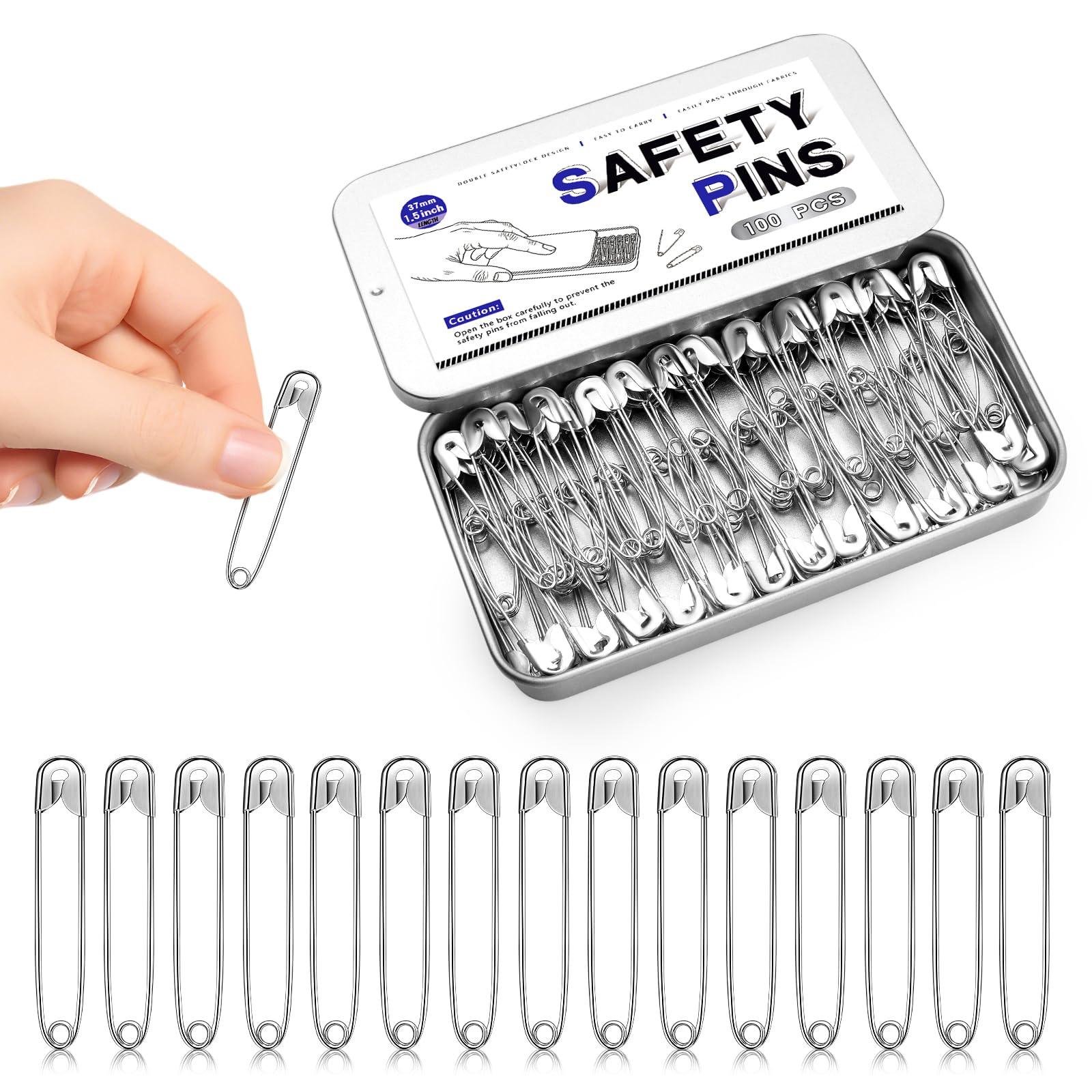 100 Pcs Safety Pins 37mm, Large Safety Pins for Clothes with Metal Storage Tin, Metal Pins for Clothes, Sewing, Crafts, Quilting, DIY Projects, Repairs and Household Use