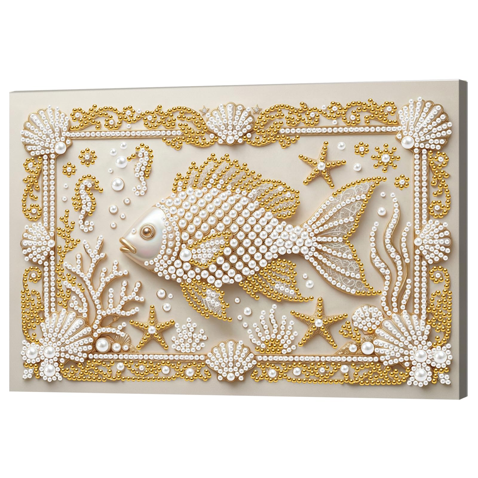 DIY Pearl Painting Kit with Wooden Frame, 3D Plastic Pearl Gemstone Ocean Art Craft for Adults Beginners, Diamond Dot Painting, Home Wall Decor Ready Gift for Women(Fish)(20 * 30cm)