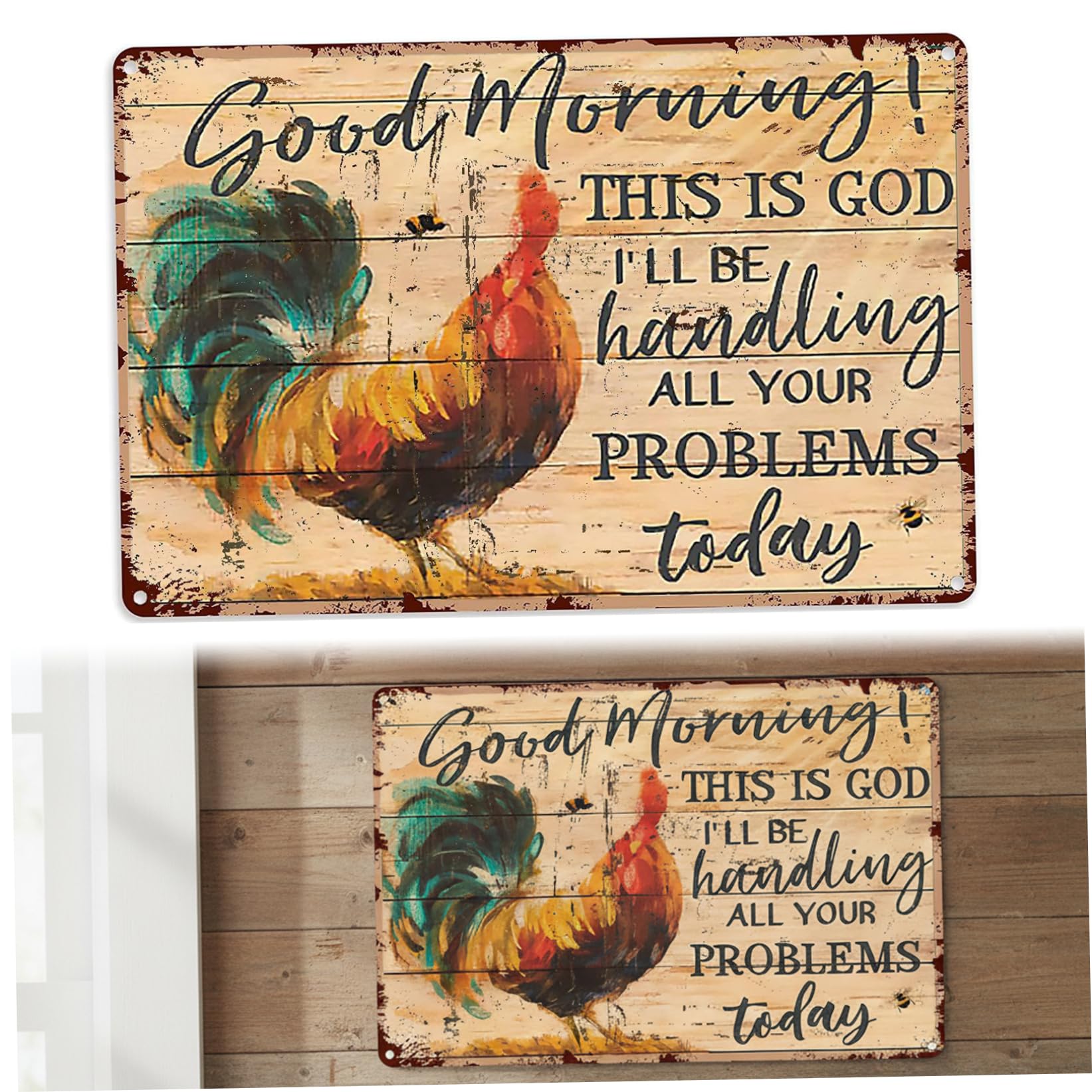Monwssoe Signs Plaques, Rooster Kitchen Decor - 12x18 Inch Distressed Metal Tin Sign for Kitchen, Country Farmhouse Chicken Decorations for Home, Garden, or Cafe