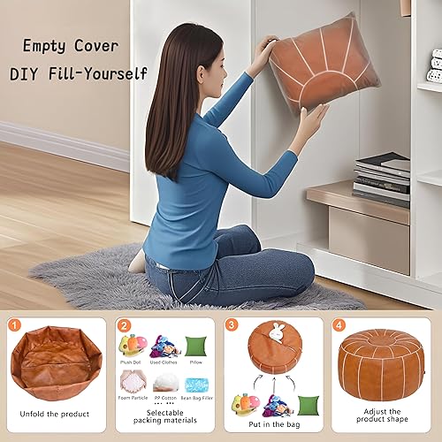 Miniatura 60 de Thgonwid Puf de almacenamiento marroquí sin rellenar, asiento otomano hecho a mano, de piel sintética, reposapiés, para sala de estar, dormitorio o