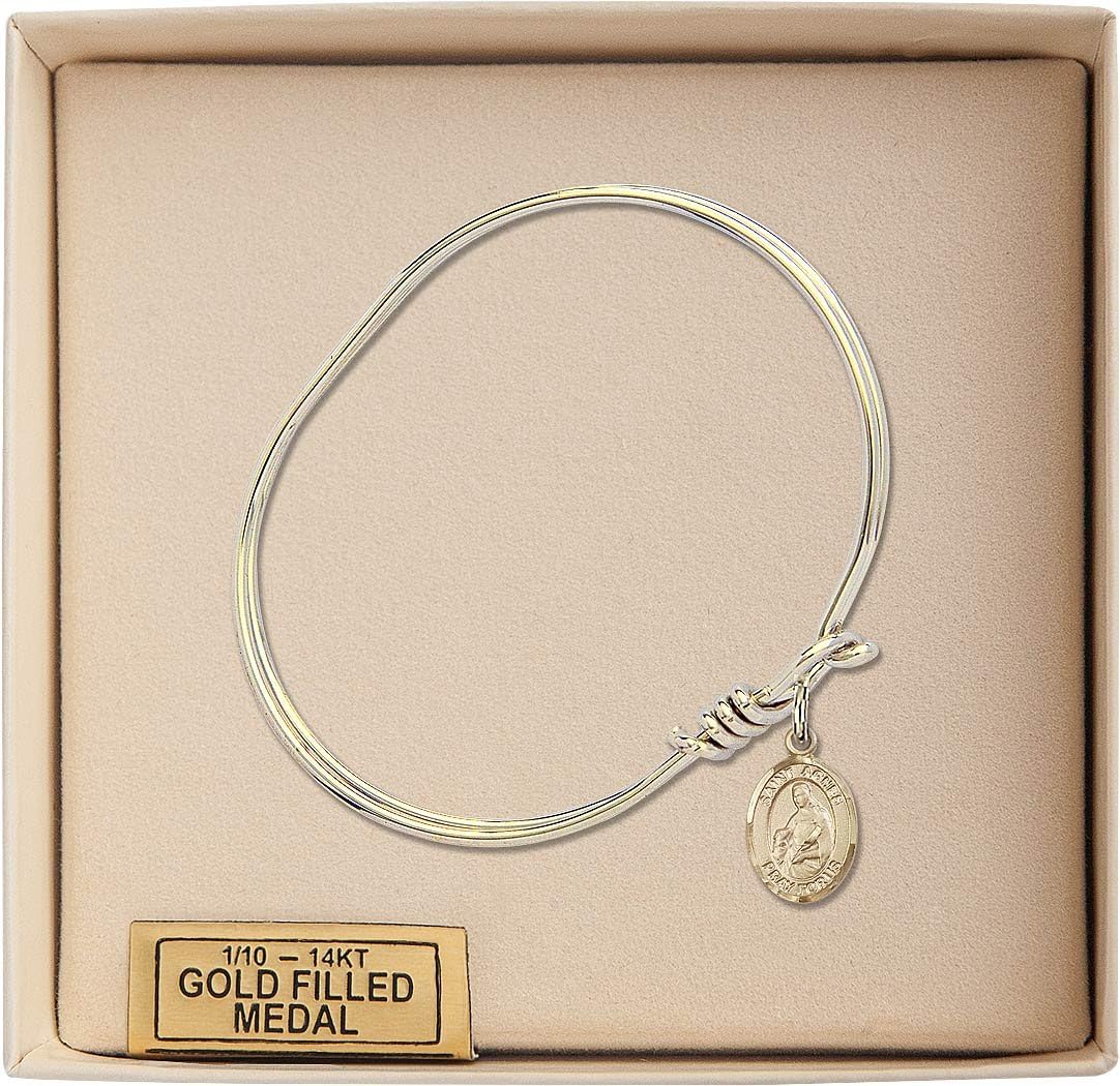 Oval Eye Hook Bangle Bracelet w/St. Agnes of Rome in Gold-Filled
