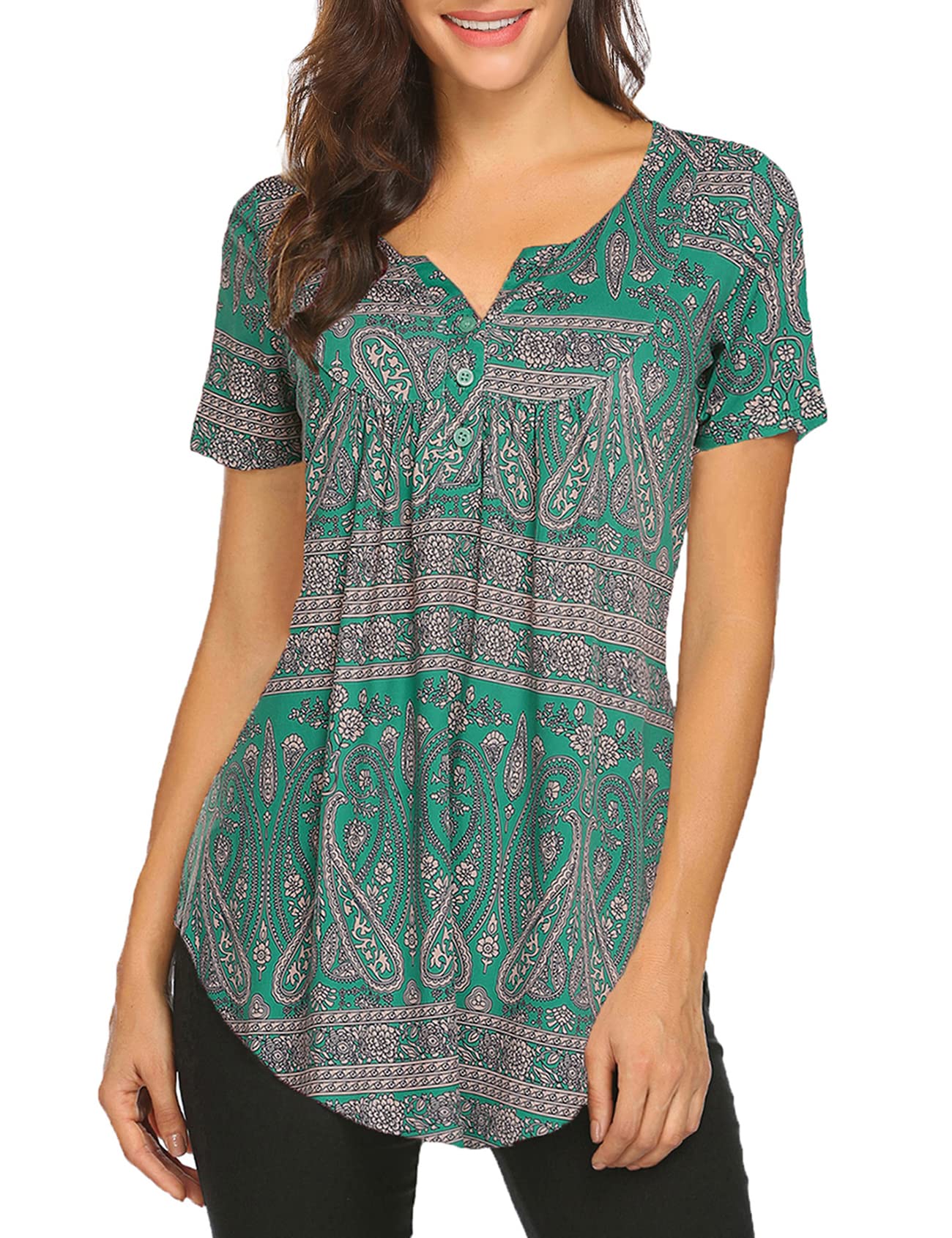 Halife Women's Floral Printed Short Sleeve Henley V Neck T-Shirt Pleated Casual Flowy Tunic Blouse Tops