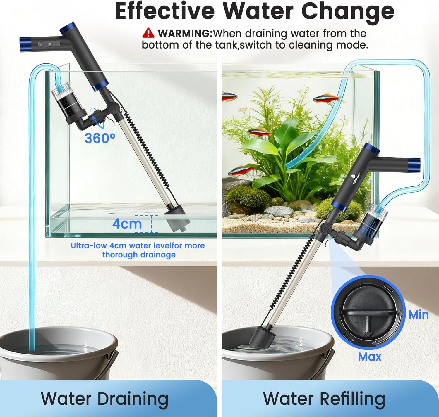fishkeeper Electric Fish Tank Cleaner – 8W Rechargeable Aquarium Cleaning Tools with Gravel Vacuum, 213GPH Automatic Water Changer with Debris Cleaning & Sand Washing for Freshwater Saltwater Tanks