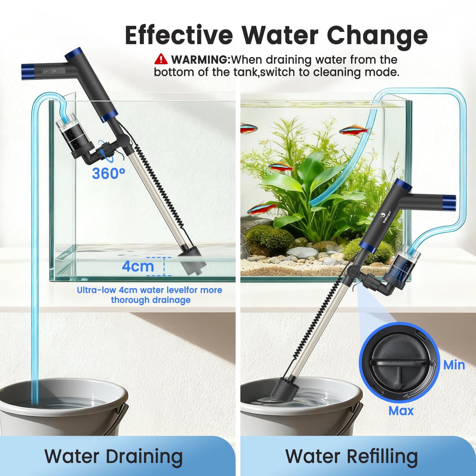 fishkeeper Rechargable Wiederaufladbarer Mulmsauger Aquarium Elektrisch, DC Aquarium Sauger Elektrisch, Durchflussmenge Einstellbar Aquarium Wasserwechsel Pumpe mit Schlauch