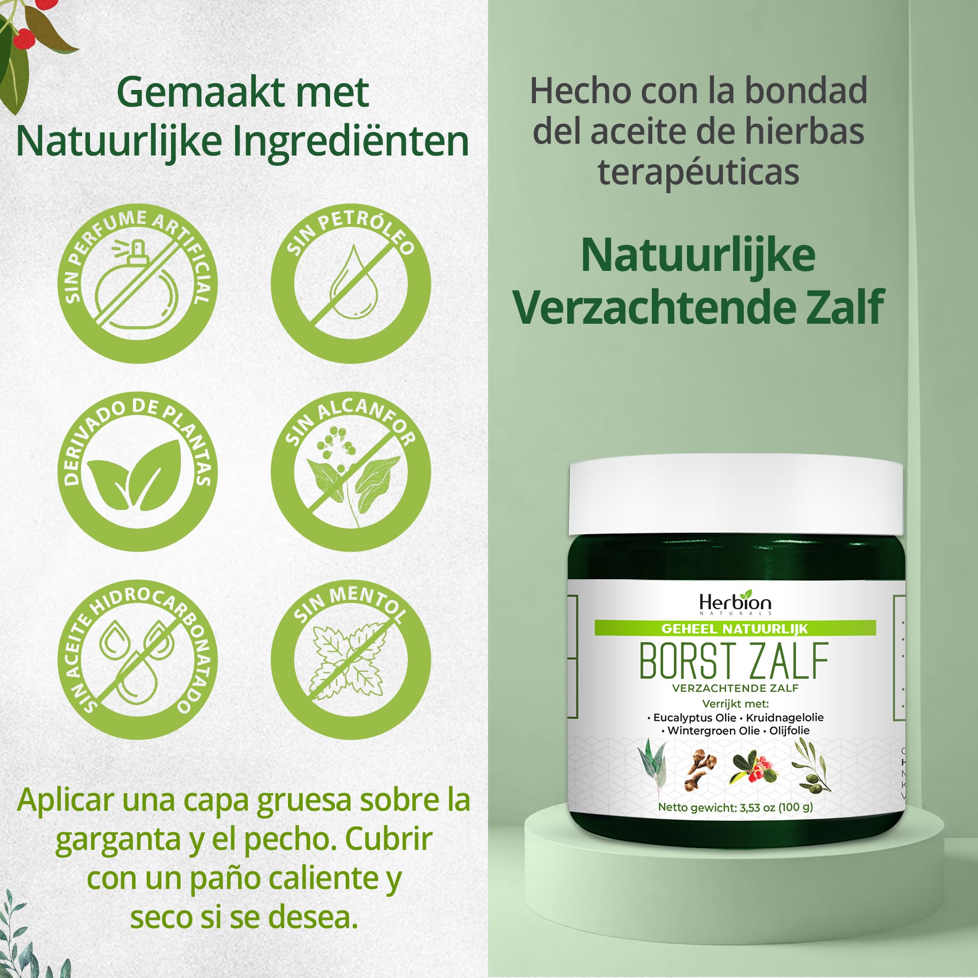 Herbion Naturals Chest Rub, Natuurlijke Kalmerende Zalf, Verlicht Verstopping van de Borst, Vermindert Spierpijn, Volwassenen en Kinderen vanaf 2 jaar, 3,53 oz