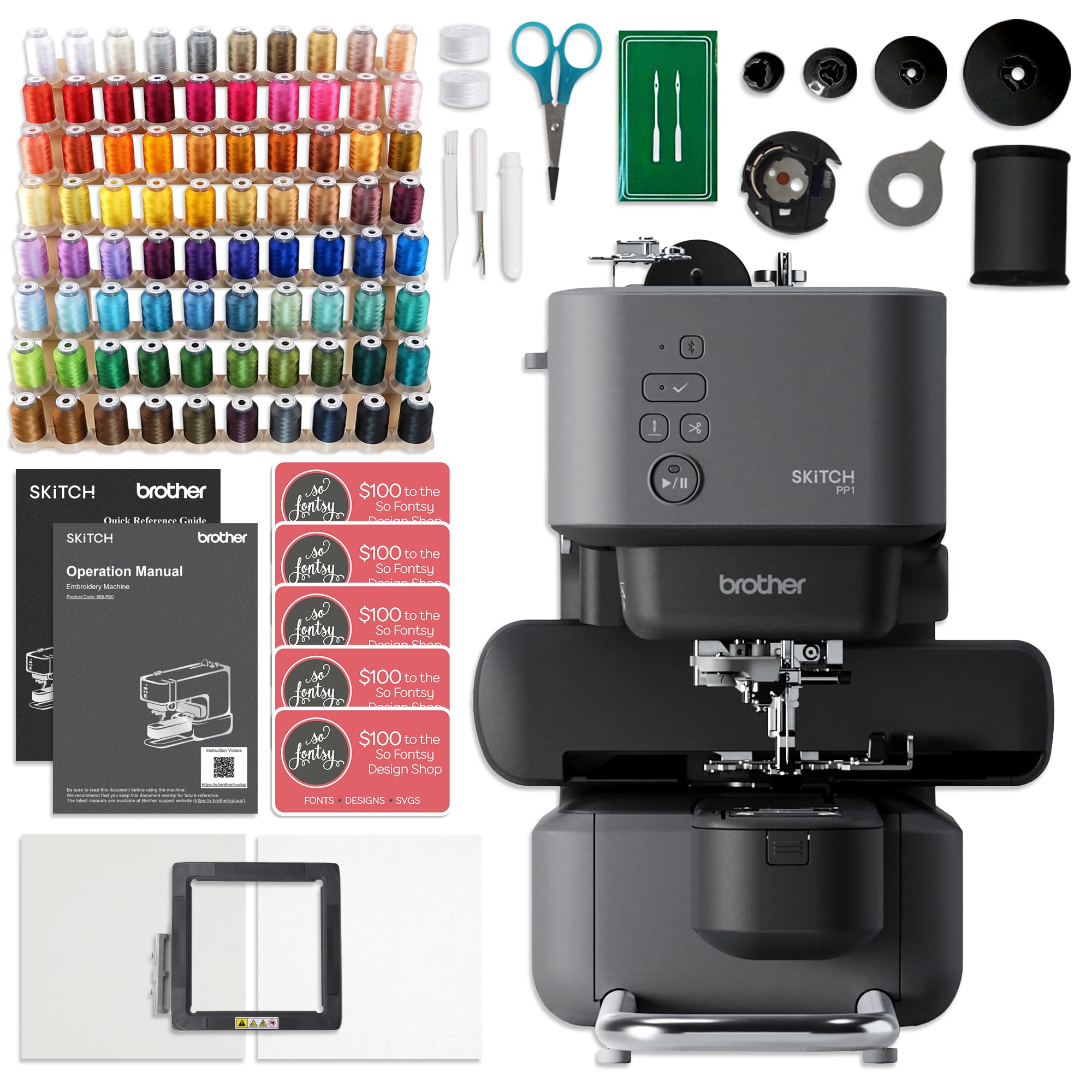 Brother Skitch PP1 4" x 4" Embroidery Machine with 80 Polyester Thread Spools and Acessory Bundle