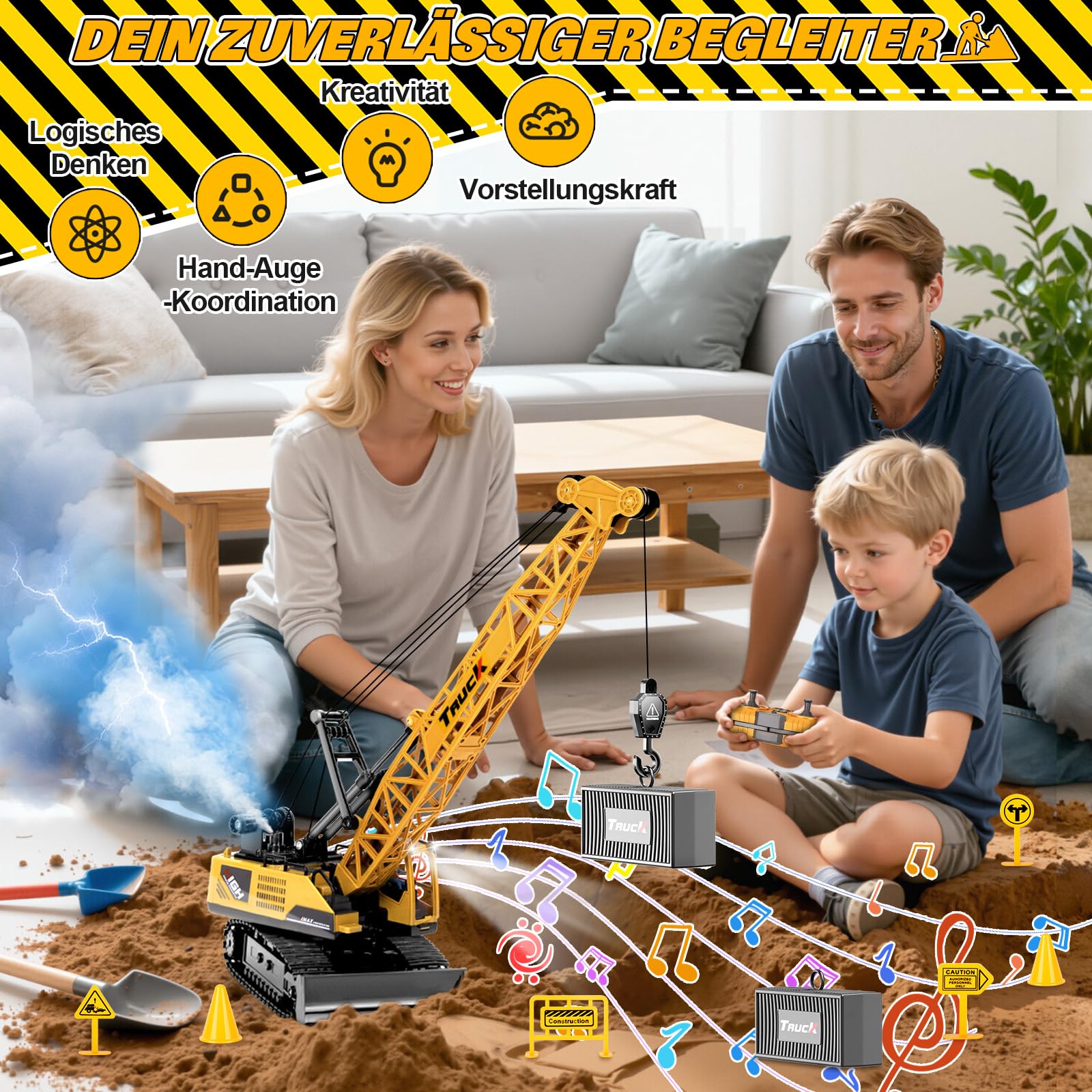 1:16 Kran Ferngesteuert, 13 Kanälen Große RC Kranspielzeug mit Schiebeschild Lichter Spray Realistische Soundeffekte, Ferngesteuerter Kran Geschenke für Junge Mädchen 6+ Jahre (Gelb)