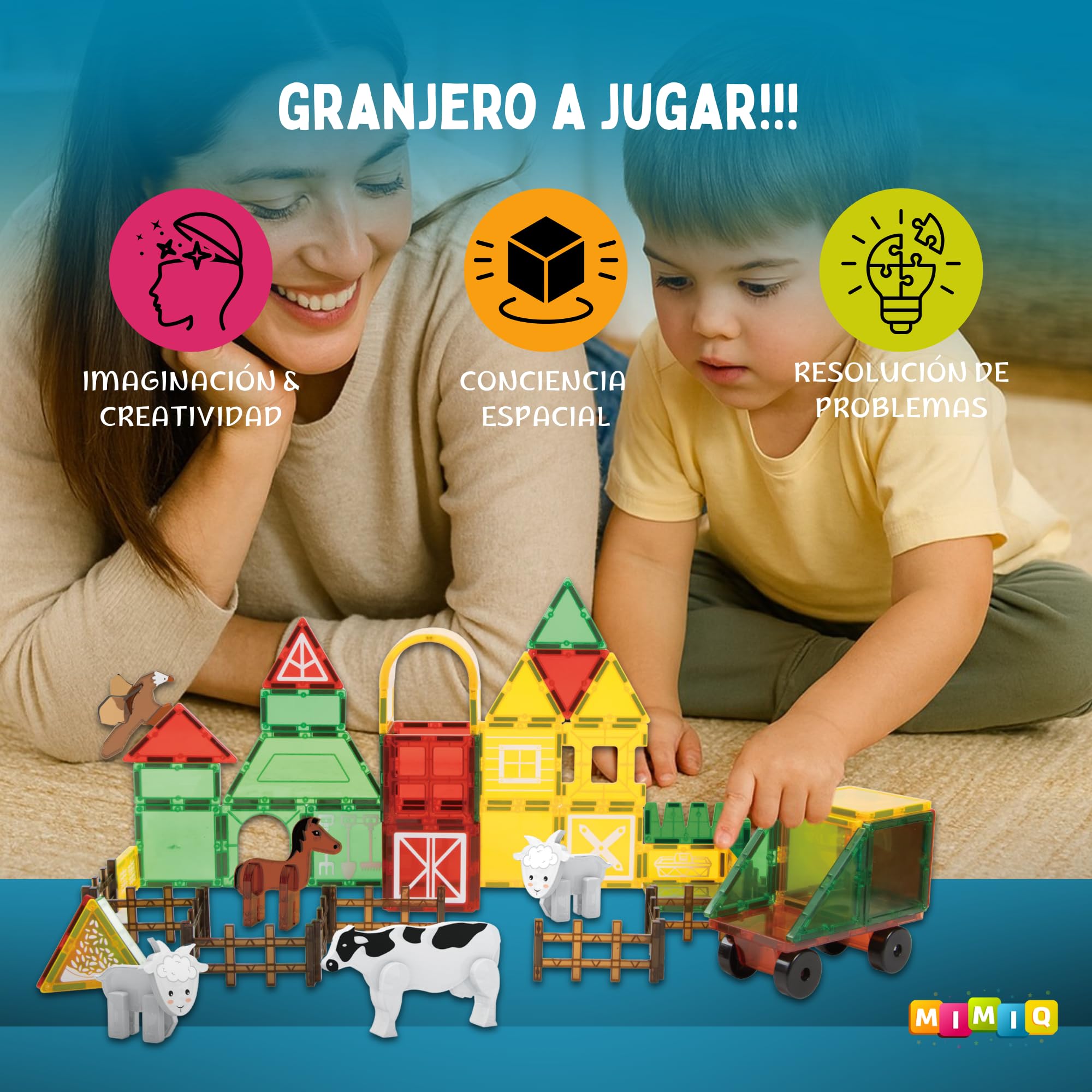 MIMIQ Bloques Magnéticos Granja Construcción Niños – 67 Piezas con 5 Animales y Camión Tractor – Juguete Montessori STEM Educativo, Regalo Niños y Niñas 3 4 5 6 7 Años