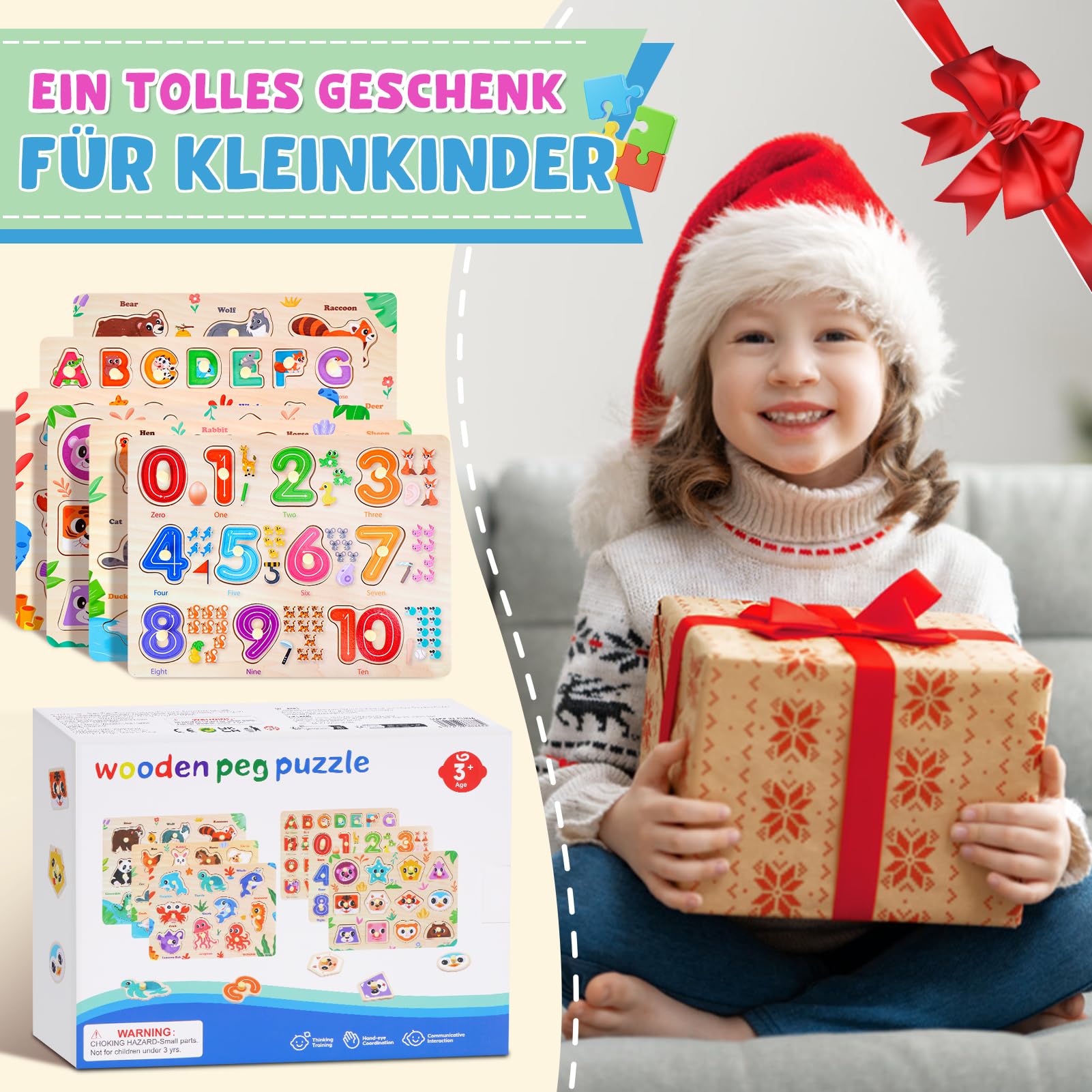 6PCS Kinder Holzpuzzle Spielzeug ab 3 Jahre, Montessori Spielzeug Puzzle ab 3 4 5 Jahre, Kinderspielzeug Steckpuzzle - Lernen Alphabet, Zahlen, Formen, Tiere, Lernspiele Geschenke für Jungen Mädchen