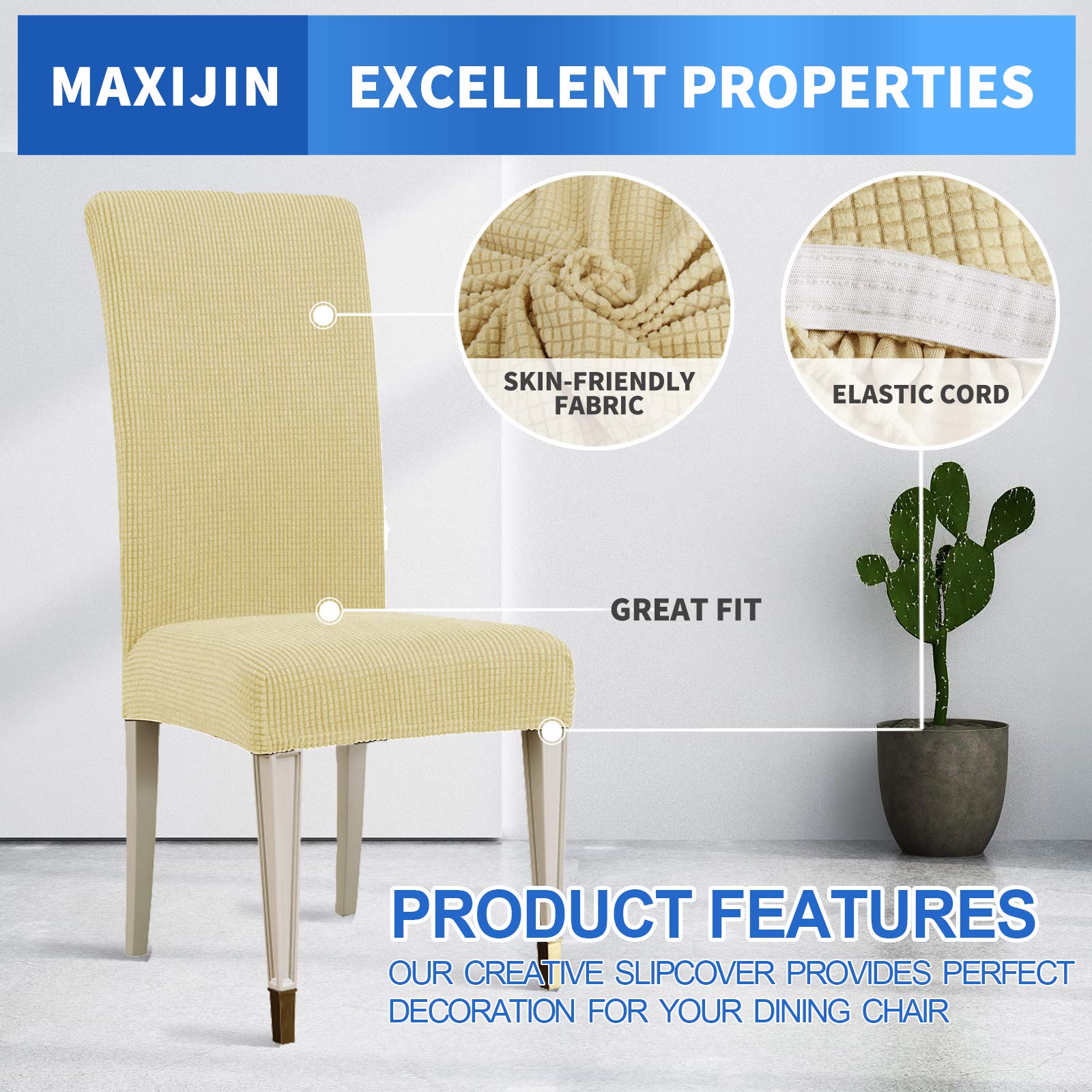 MAXIJIN Super Stretch Dining Room Chair Cover Jacquard Spandex Dining Parsons Chair Slipcover Removable Chair Protector Covers for Dining Room,Hotel,Kitchen,Ceremony (Beige - Image 3