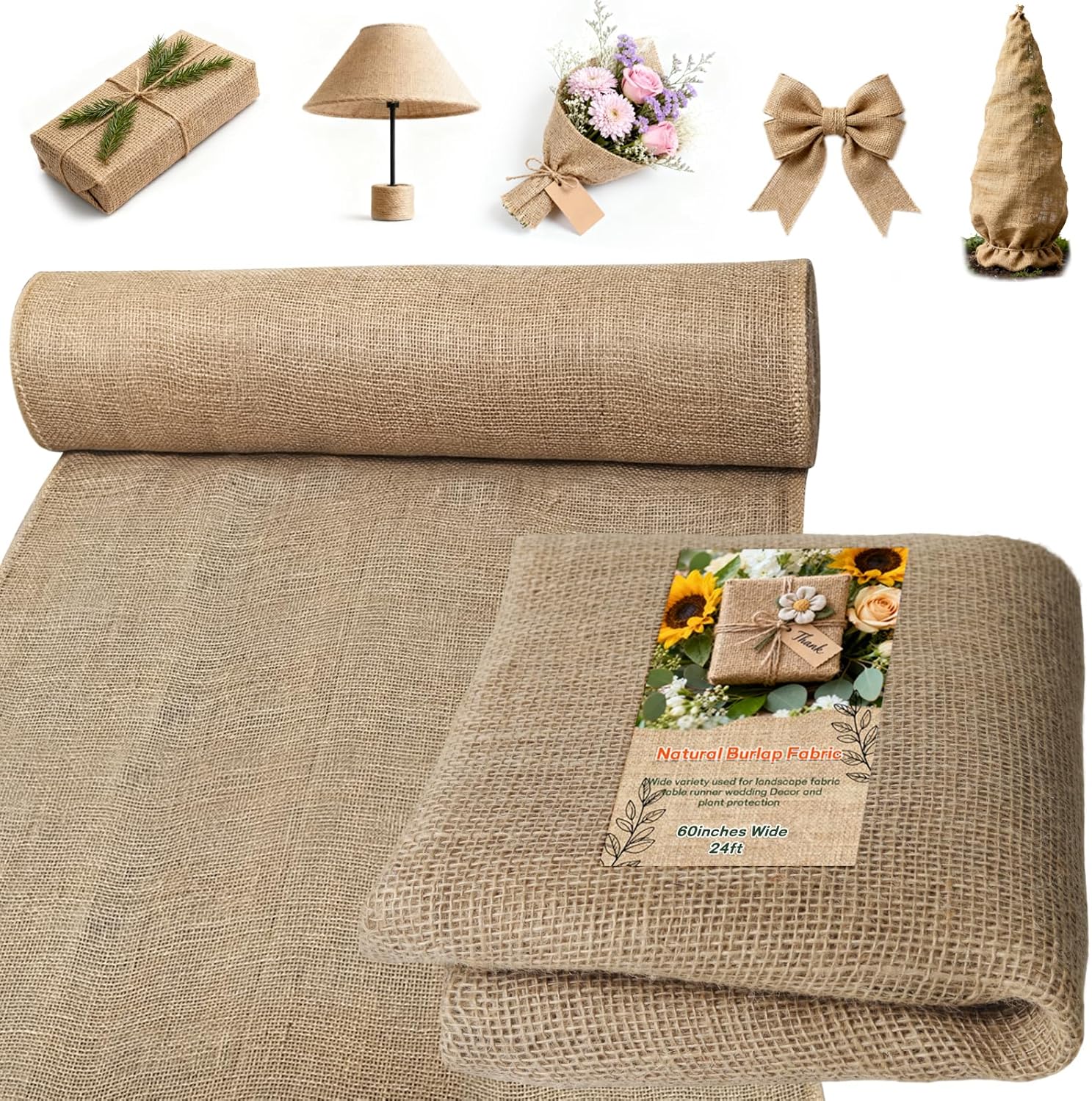 Burlap Fabrics Roll Natural Jute Burlap Garden Tree Wrap Outdoor Weed Barrier DIY Fall Halloween Craft Winter Frost Plant Landscape Blankets Cloth for Plant Gardening Shrubs (60in*24ft)