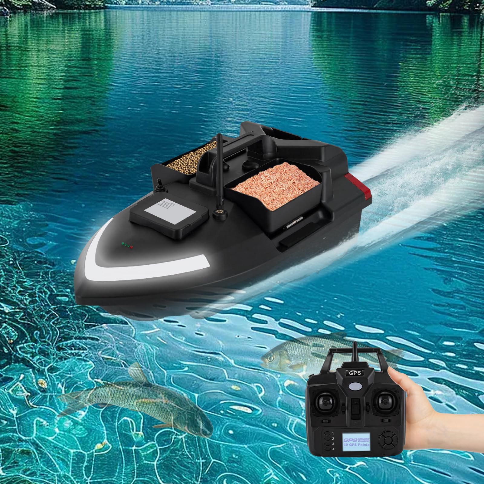 ROMYIX Fishing Bait Boat with GPS,500M Remote Control Bait Boat,Double Motors,GPS Positioning,12000mAh Lithium Battery,40 Position Points,3 Bait CompartmentsS (Black)
