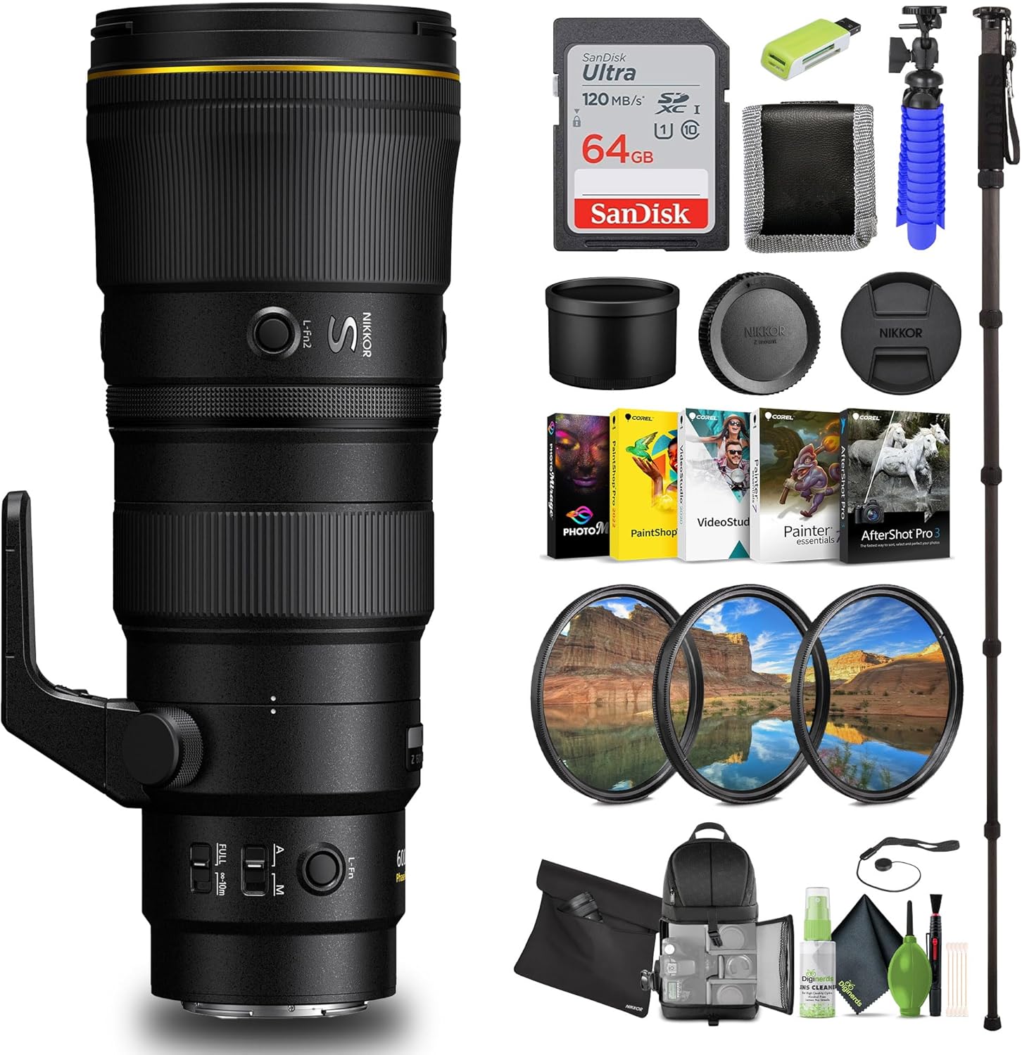 Nikon NIKKOR Z 600mm f/6.3 VR S Lens (20122) + 64GB Memory Card + Backpack + Monopod + Card Reader + Corel Photo Software + Filter Kit + Flex Tripod + Memory Wallet + Cap Keeper + Cleaning Kit