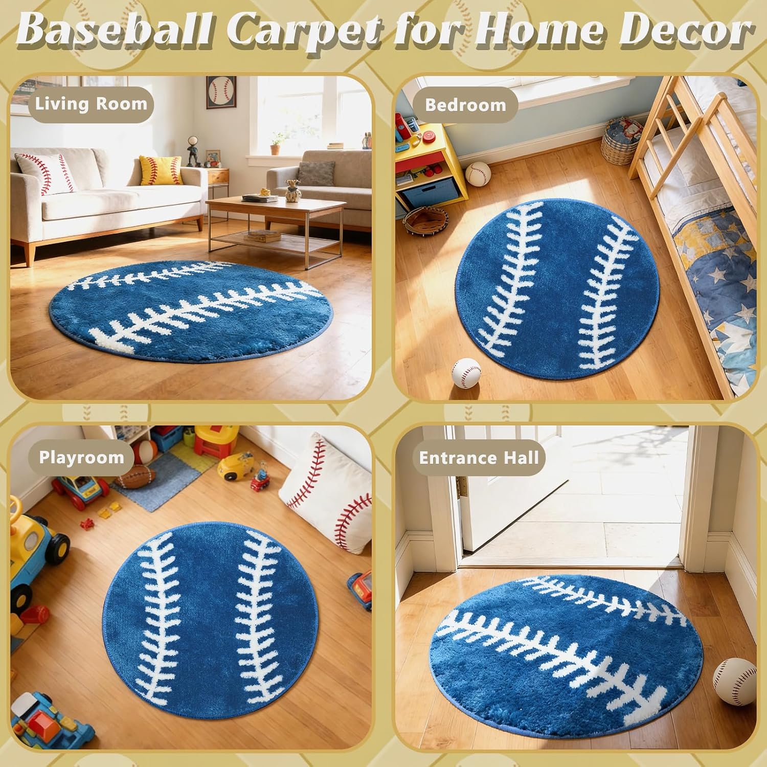 31.5 Inch Round Baseball Rug Bright Blue Sports Carpet with Non-Slip TPR Backing Soft Washable Area Rug for Boys Bedroom Living Room Playroom Room Decor Gifts for Baseball Lovers Sports Team Fans