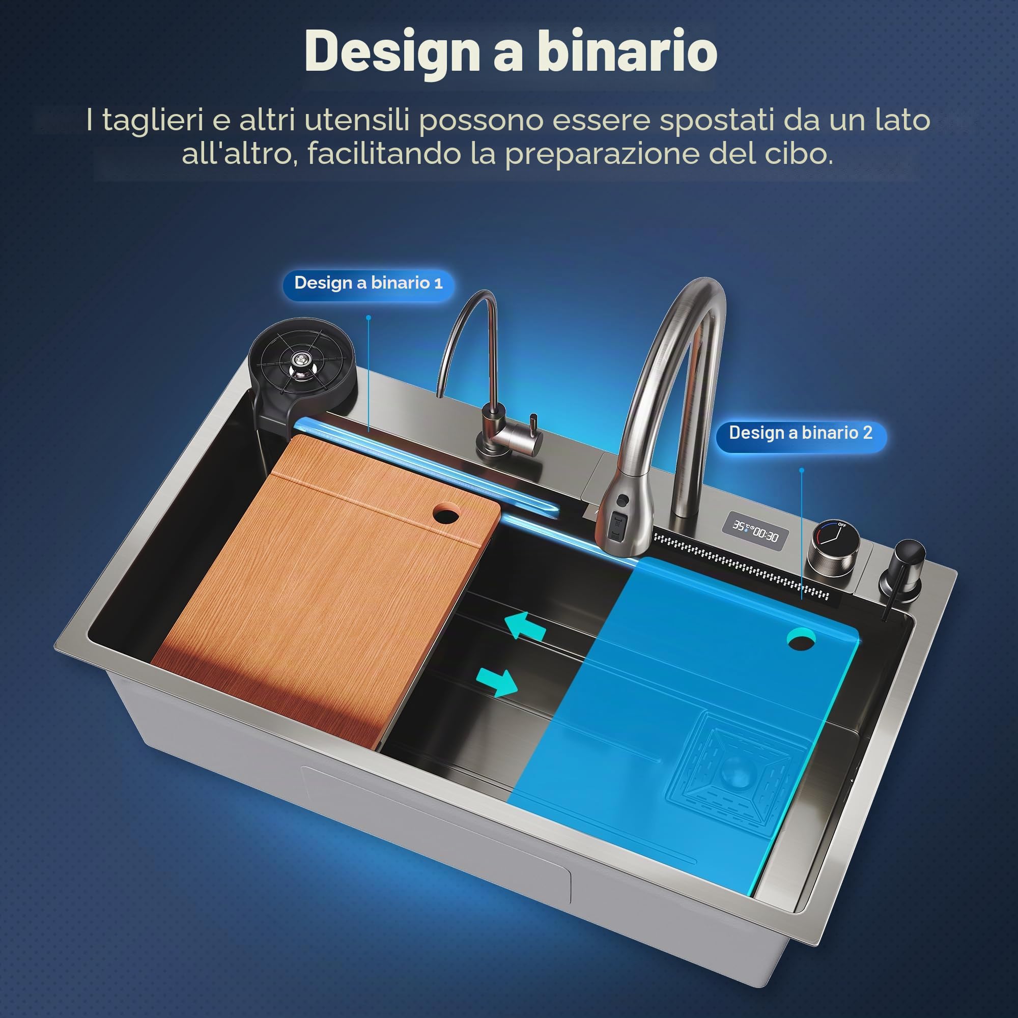 SONNI Lavello, lavello da cucina, cascata da cucina con rubinetto estraibile, indicatore di temperatura, lavastoviglie per tazze, cestello filtro dell'acqua, tagliere in acciaio inox 304, 80 x 45 x 23
