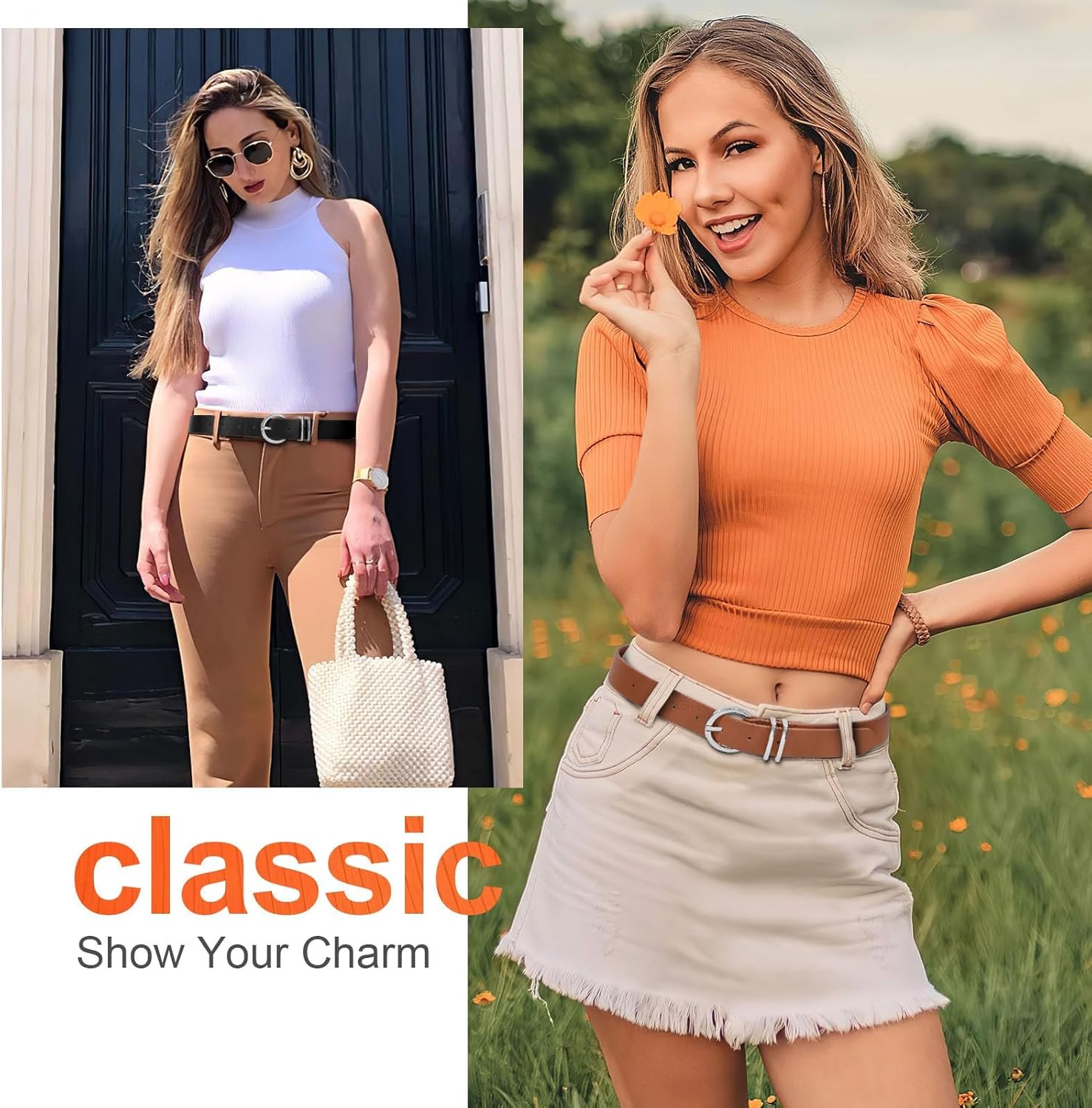 VONMELLI 2 Pack Women's Leather Belts for Jeans Dresses Fashion Gold Buckle Ladies Belt - Image 3