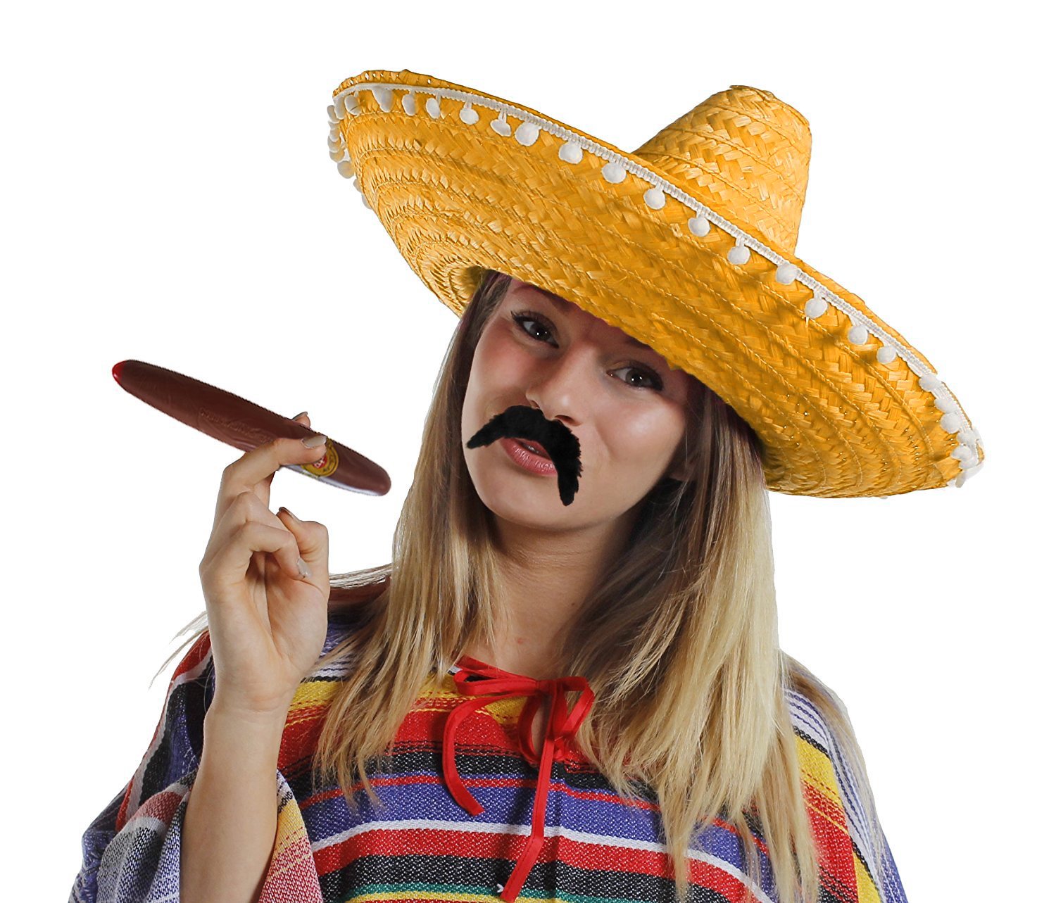 I LOVE FANCY DRESS 12x Orange Mexican Sombrero Hats Plus 12x Moustache Plus 12x Fake Jumbo Cigar Straw