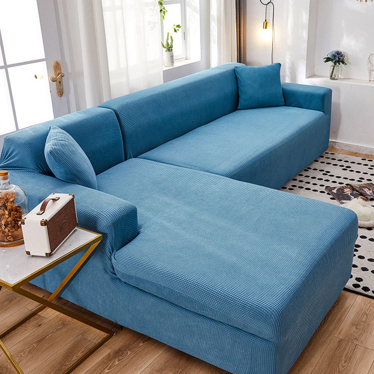 Housse de canapé jacquard en L extensible : protégez votre grand canapé d'angle des griffures