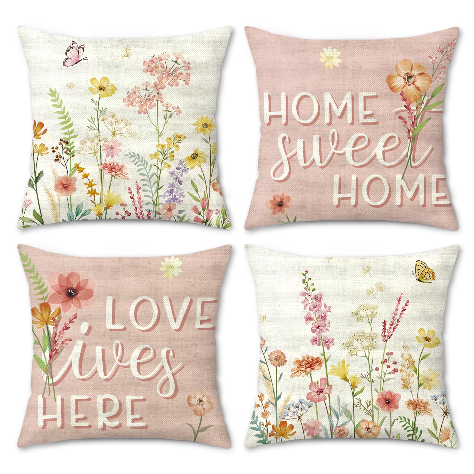 Bonhause Spring Floral Cushion Covers 45 x 45 cm Pink Wildflower Decorative Throw Pillow Covers Polyester Linen Pillowcases for Sofa Couch Bed Outdoor Home Spring Decor Set of 4