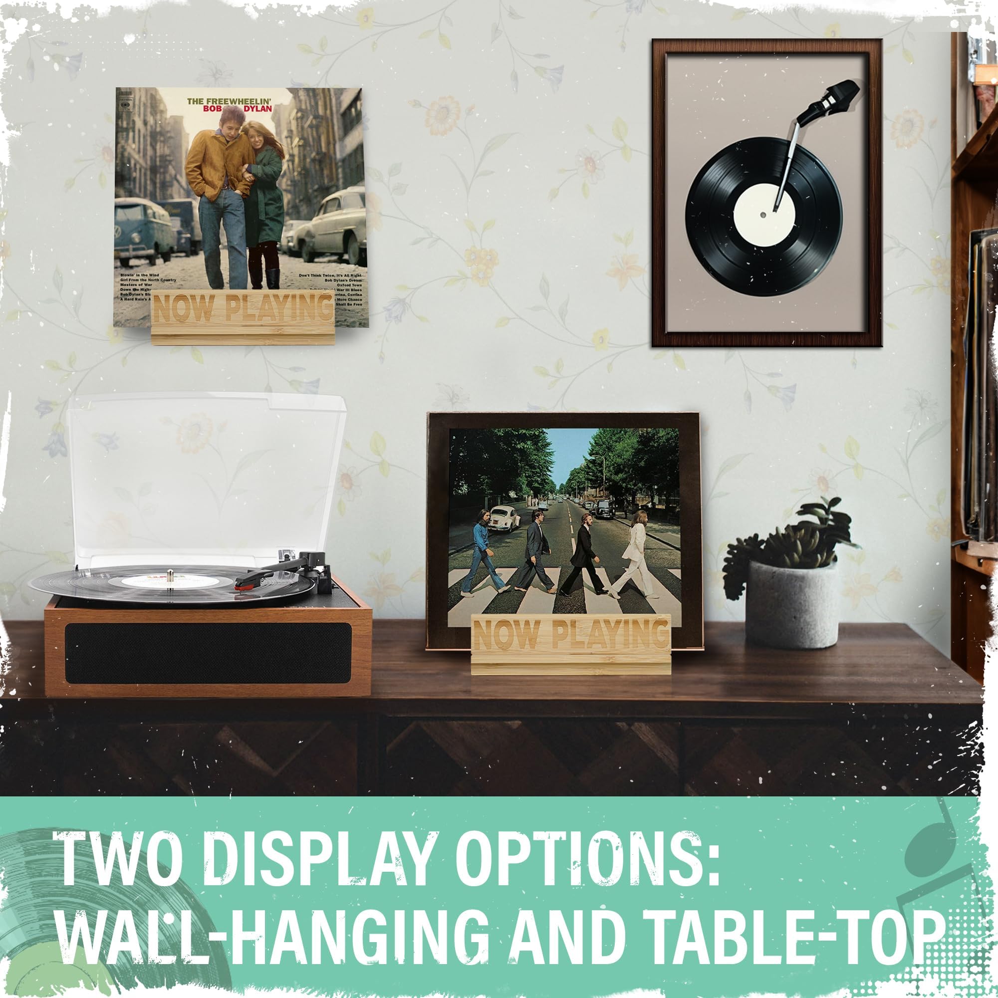 Now Playing Vinyl Record Stand - Bamboo Tabletop & Wall Mount w/Adhesive Hook & Stickers - Holds up to 5 Records - Durable
