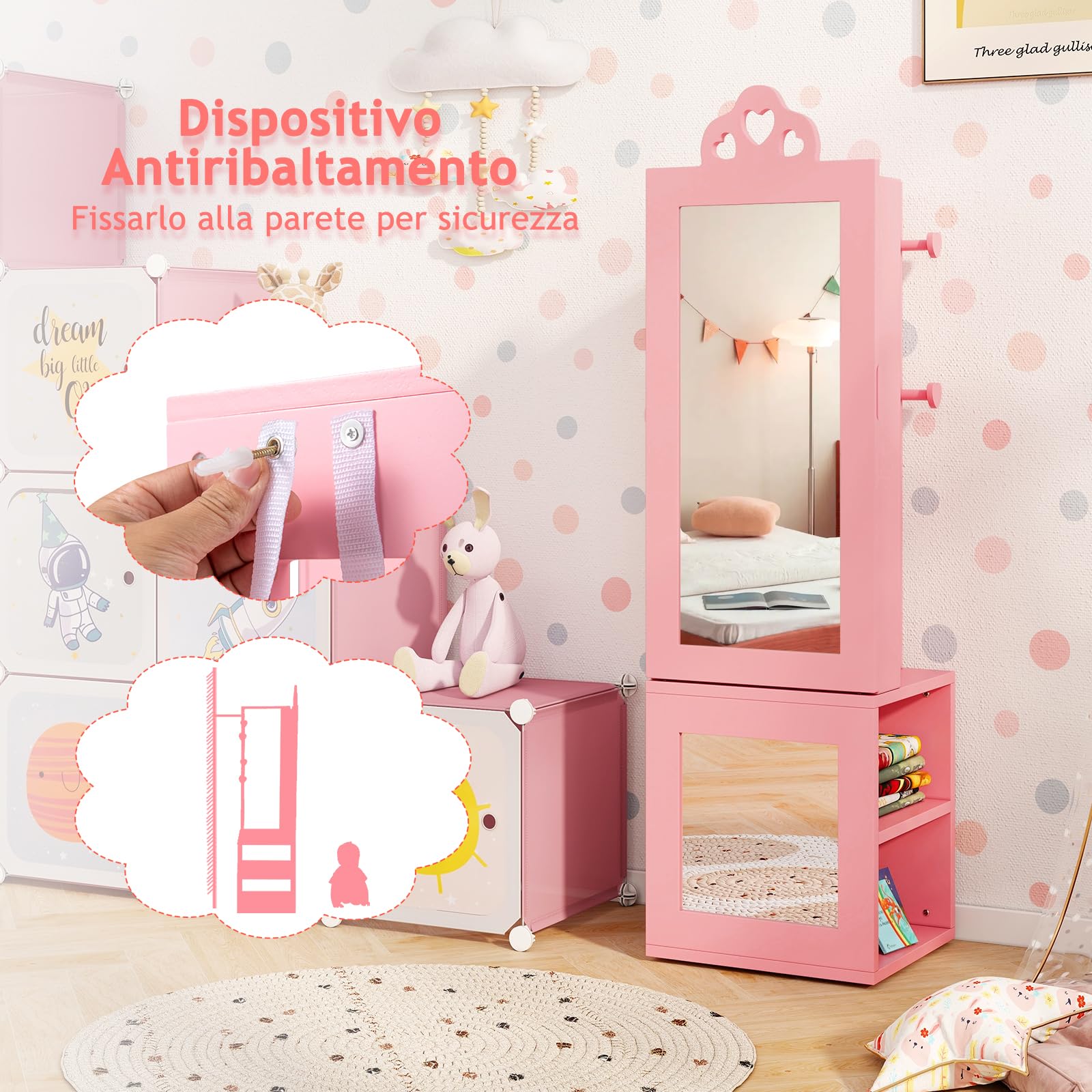 GYMAX Armadio per Gioielli per Bambini con Specchio a Figura Intera, Portagioie Bambina con Anti-ribaltamento, per Cameretta e Sala Giochi, 34 x 30 x 117 cm (Rosa)
