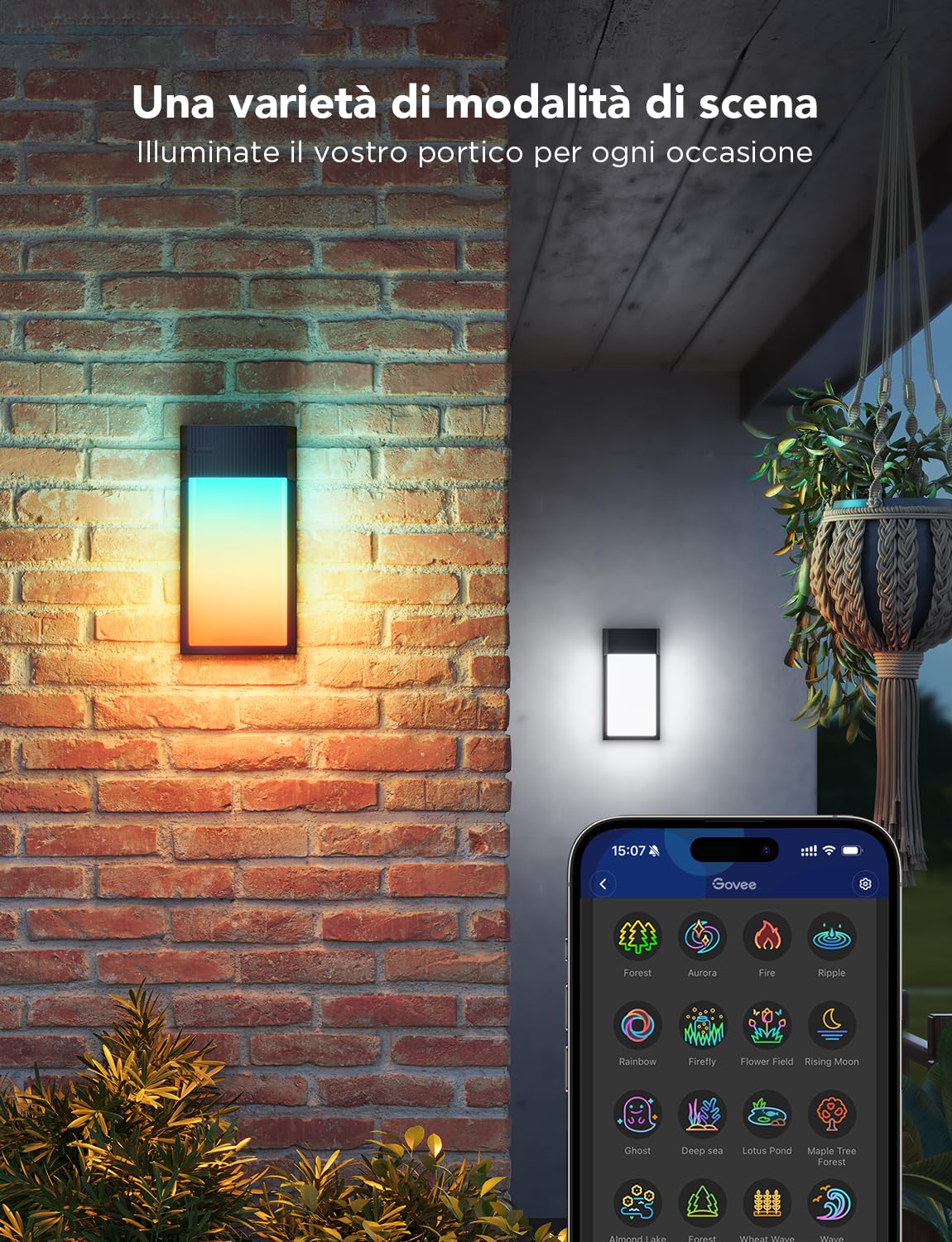 Govee Applique da Esterno RGBIC, 1500lm Lampada da Esterno, IP65, 2 Pezzi | 2700K–6500K Applique da Parete Esterno, 45 Scena, Effetti di Luce fai DIY, Matter/Alexa/Google, Veranda, Balcone, Terrazza