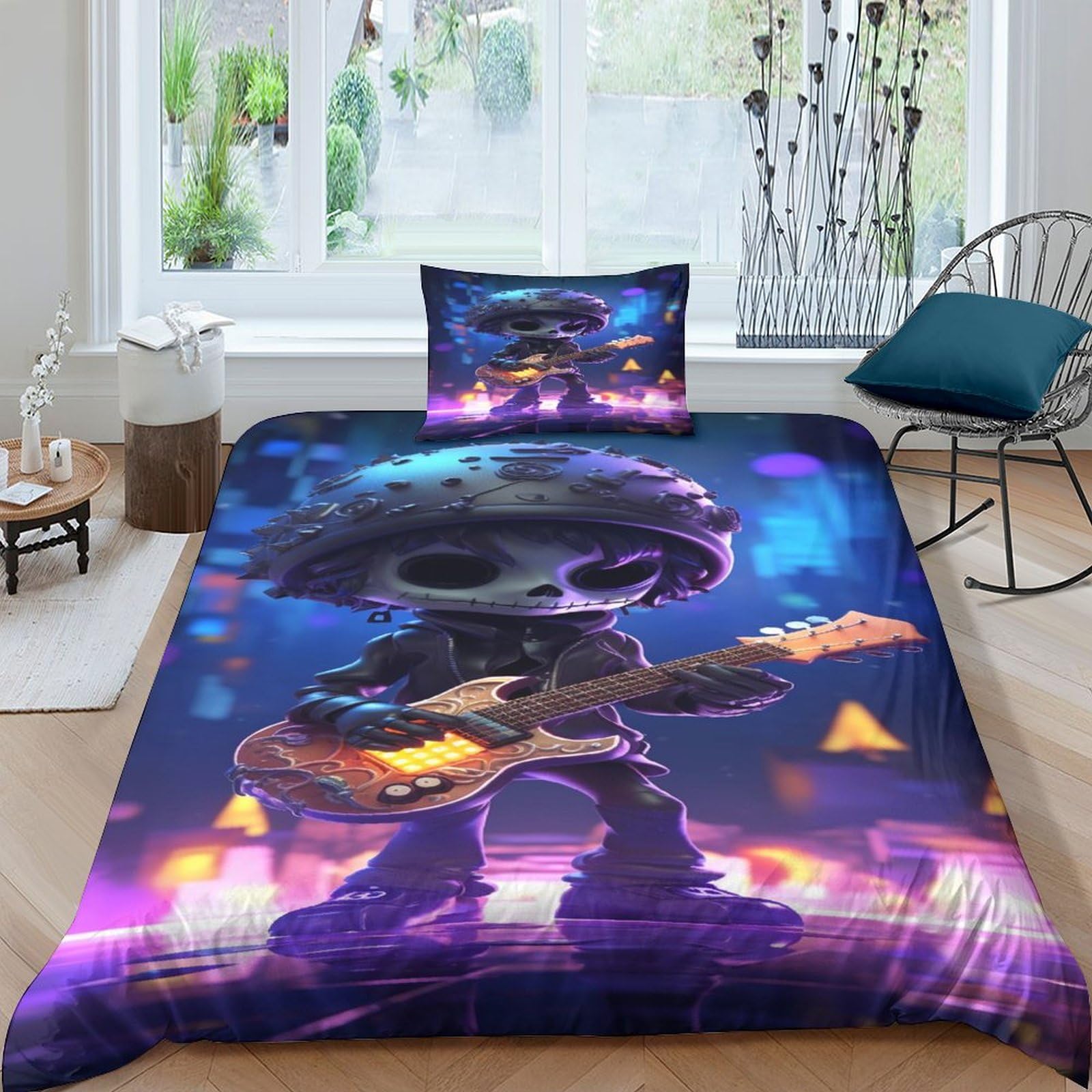 Housse de couette crâne bleu 3D 135x200cm avec 2 taies d'oreiller