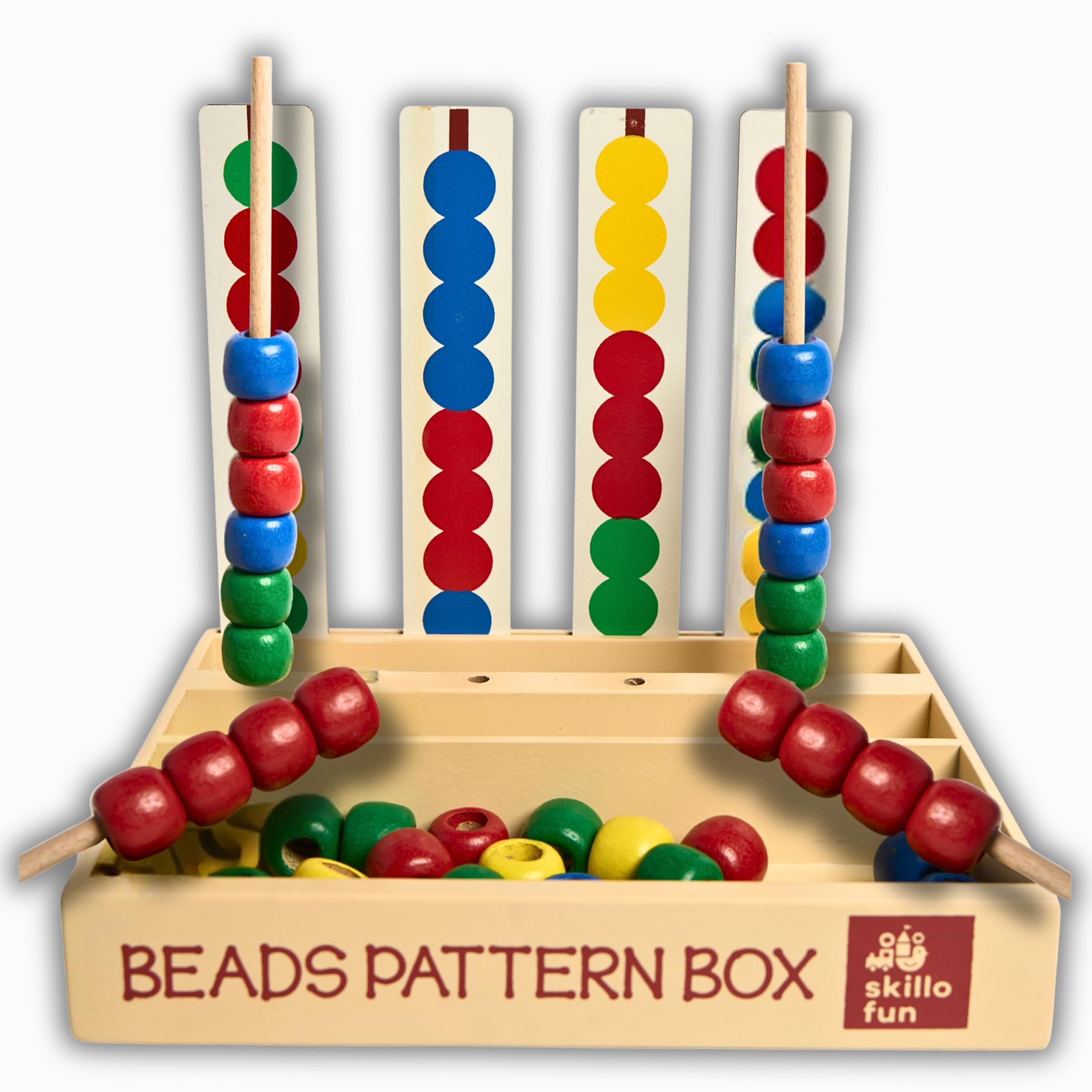 Skillofun Wooden Beads Pattern Box for Kids | Multicolor Bead Kit for Sequencing & Threading | Color Sorting, Shape Matching & Fine Motor Skills Activity Set | Ideal Educational Gift for Age 3+ Years
