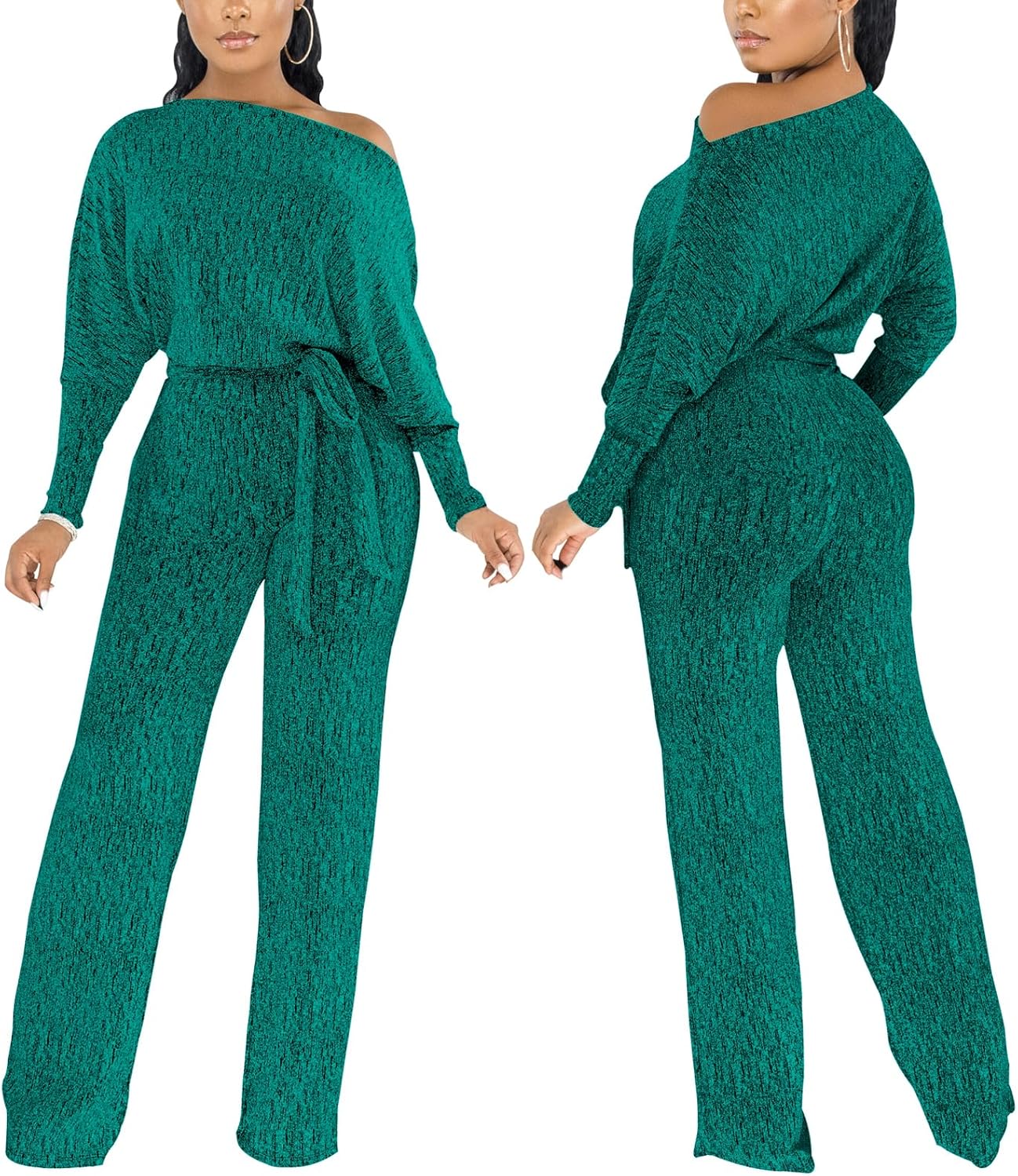 ZonJie Jumpsuits for Women Elegant Sexy Sparkly Sequin Off Shoulder Pants Long Sleeves Wide Leg Clubwear Rompers - Image 3