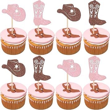 24 PCS Cowboy Cupcake Toppers Glitter Cowboy Hats Boots Cupcake Picks Cowboy Party Cupcake Decorations for Western Theme Baby Shower Boys Birthday Party Cake Decorations Supplies Light Pink Coffee