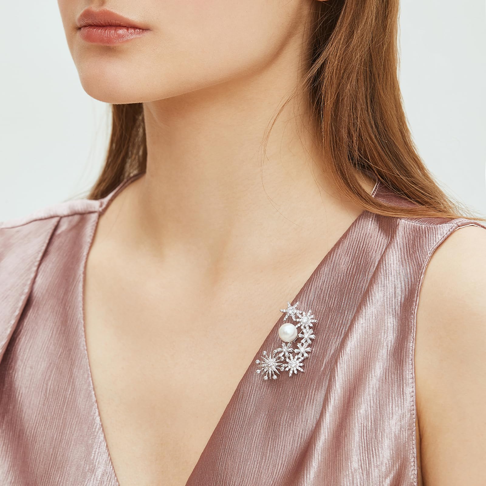 Brosche Damen Silber Stern, SHE'S FREE STYLE JUST FOR YOU Elegante Strass Brosche mit Perle, Vintage Anstecknadel für Kleidung Kleid Blazer, Funkelnde Pins Anstecker Damen Schmuck