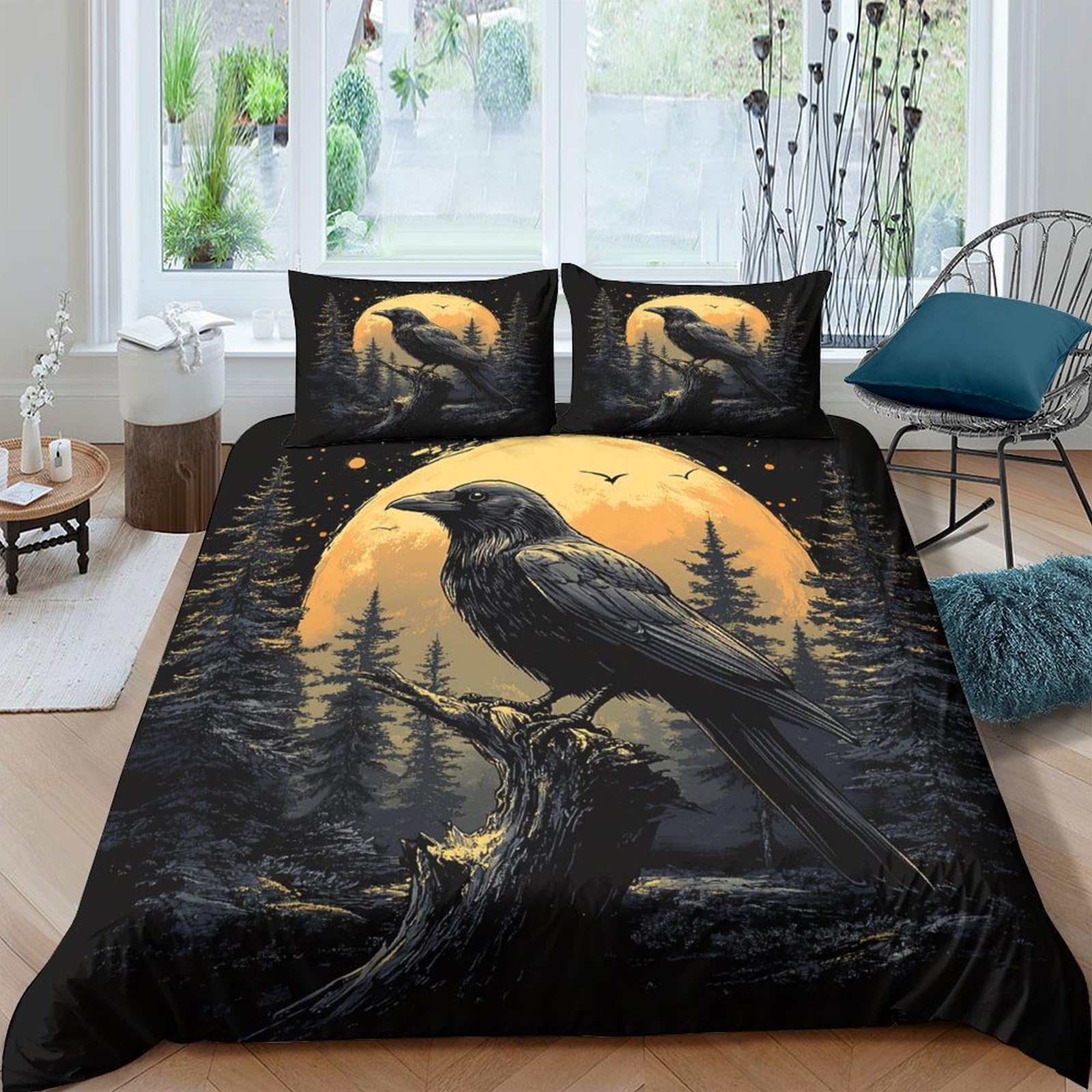 Ctjqhvkz Style-7 3D Printed Raven Moon Fitted Sheet Microfiber Soft Black Bird Forest Mattress Cover Bedroom Decor Single（135X200cm）
