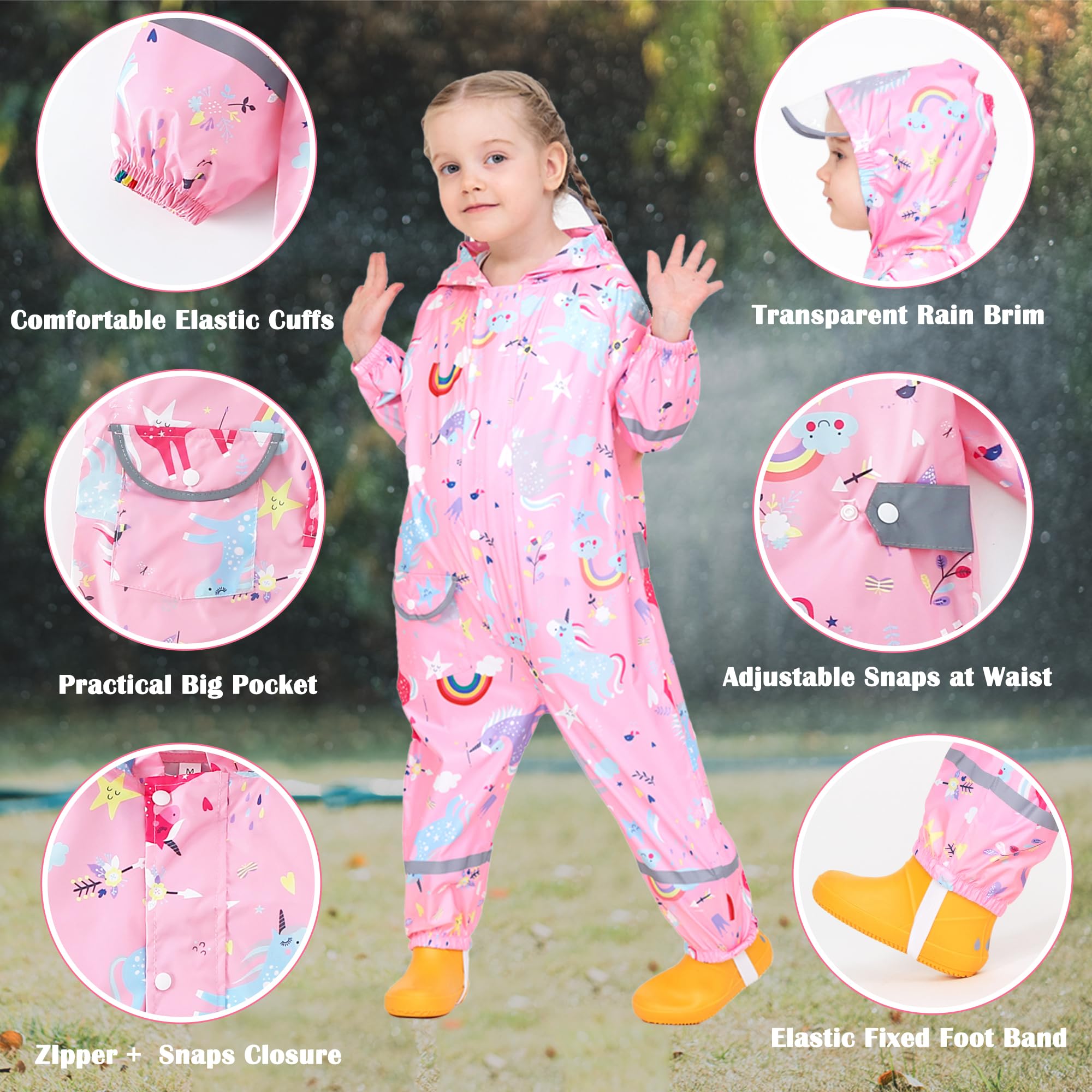 Fewlby Tuta Impermeabile Bambini - Tuta Pioggia Bambina Poncho Antipioggia Ragazze Ragazzi Giacche Impermeabili con Cappuccio Mantella da Pioggia Riutilizzabile per 1-10 Anni