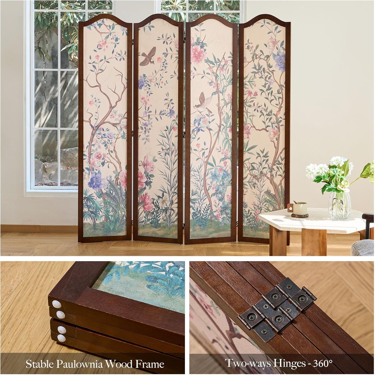 Svimi Oriental Style 4 Panel Room Divider and Folding Screen Room Divider,Freestanding Partition Screen,67″H x 64″W (Forest, Cloth Art)