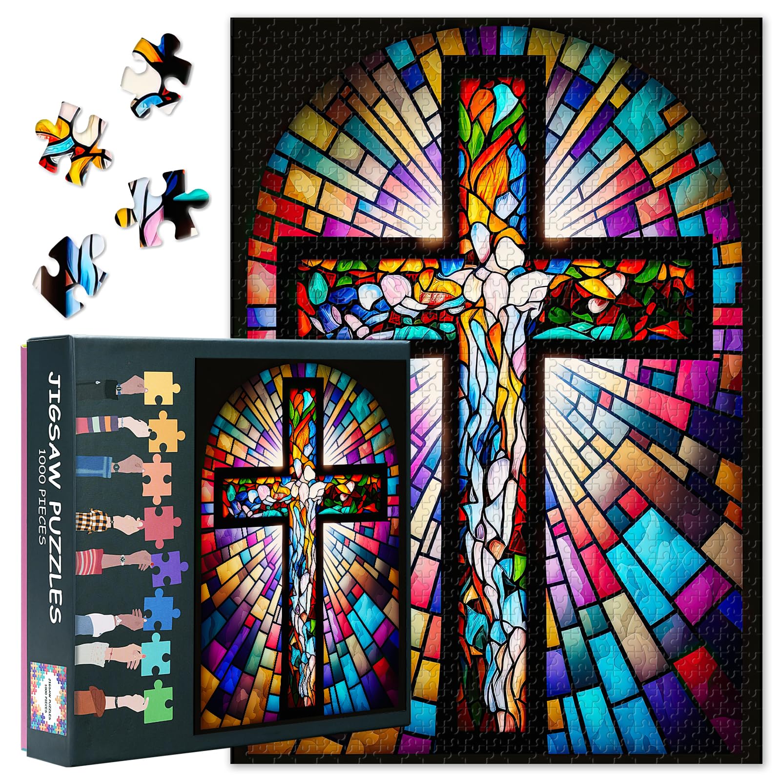 Stained Glass Cross Jigsaw Puzzles for Adults 1000, Christian Difficult Family Puzzle Educational Games