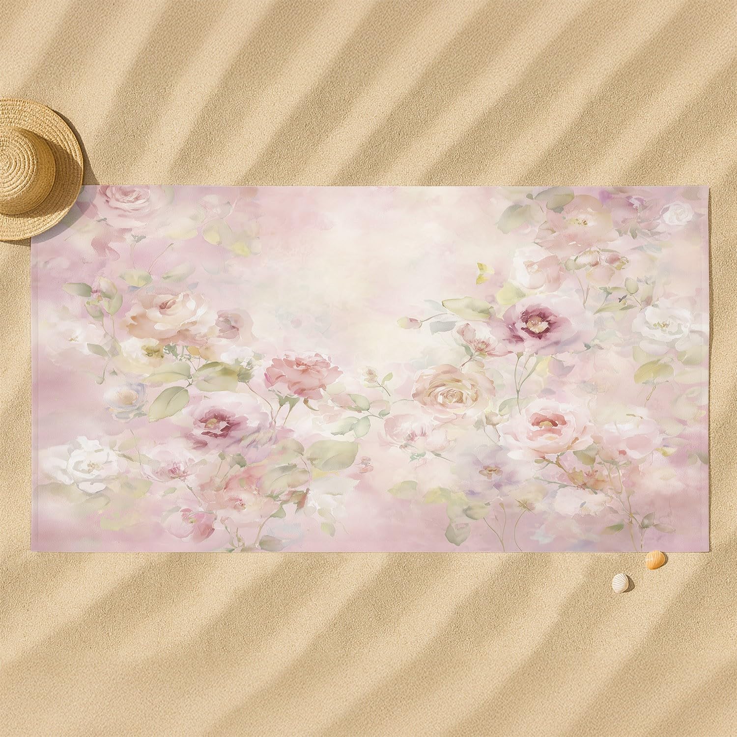 Microfaser Strandtuch 230 x 210 cm - Reisehandtuch Schnelltrocknend Traumhaft, Aquarell Strandtuch Rose, Blumen, Zweige & Blätter für Campen, Picknick, Ausflüge