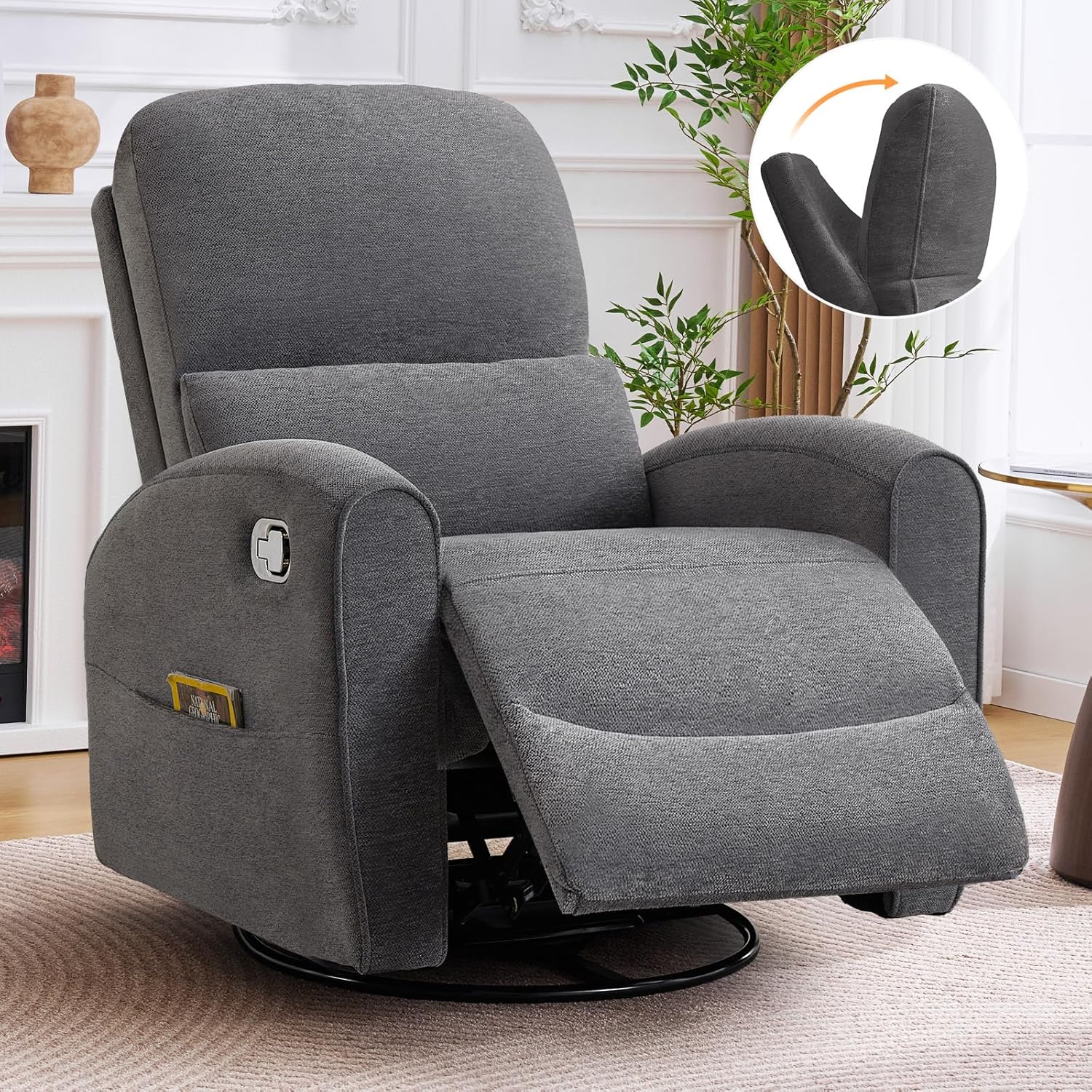Swivel Rocker Recliner, Manual Swivel Glider Recliner Chair with Adjustable Headrest and Lumbar Support, Upholstered Rocking Recling Chairs for Adults Nursery, Living Room, Bedroom, Dark Grey