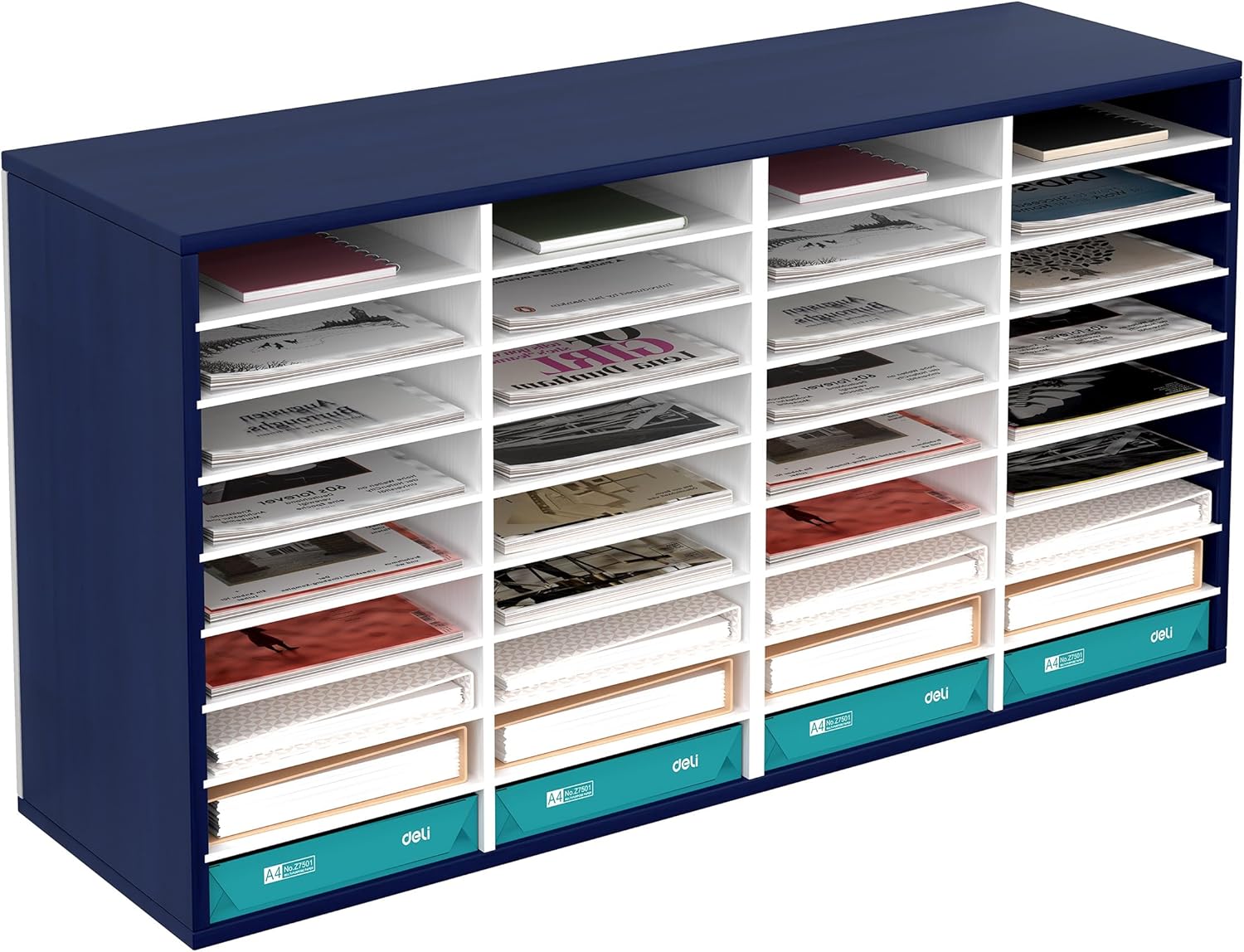 TQVAI Mail Sorter Organizer Countertop, 36 Slots Classroom Mailbox, Wooden Desk File Paper Literature Organizer, Mailboxes for Home Office, Navy Blue/White 36 Slots Navy Blue/White