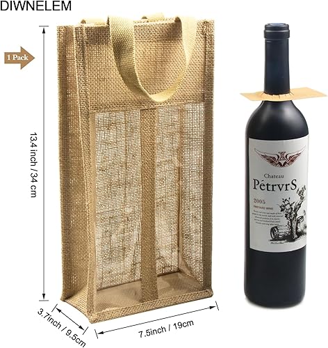 Miniatura 2 de DIWNELEM Paquete de 3 bolsas de regalo de vino de arpillera con dos ventanas, doble ventana, dos botellas, bolsa de yute de arpillera para botellas