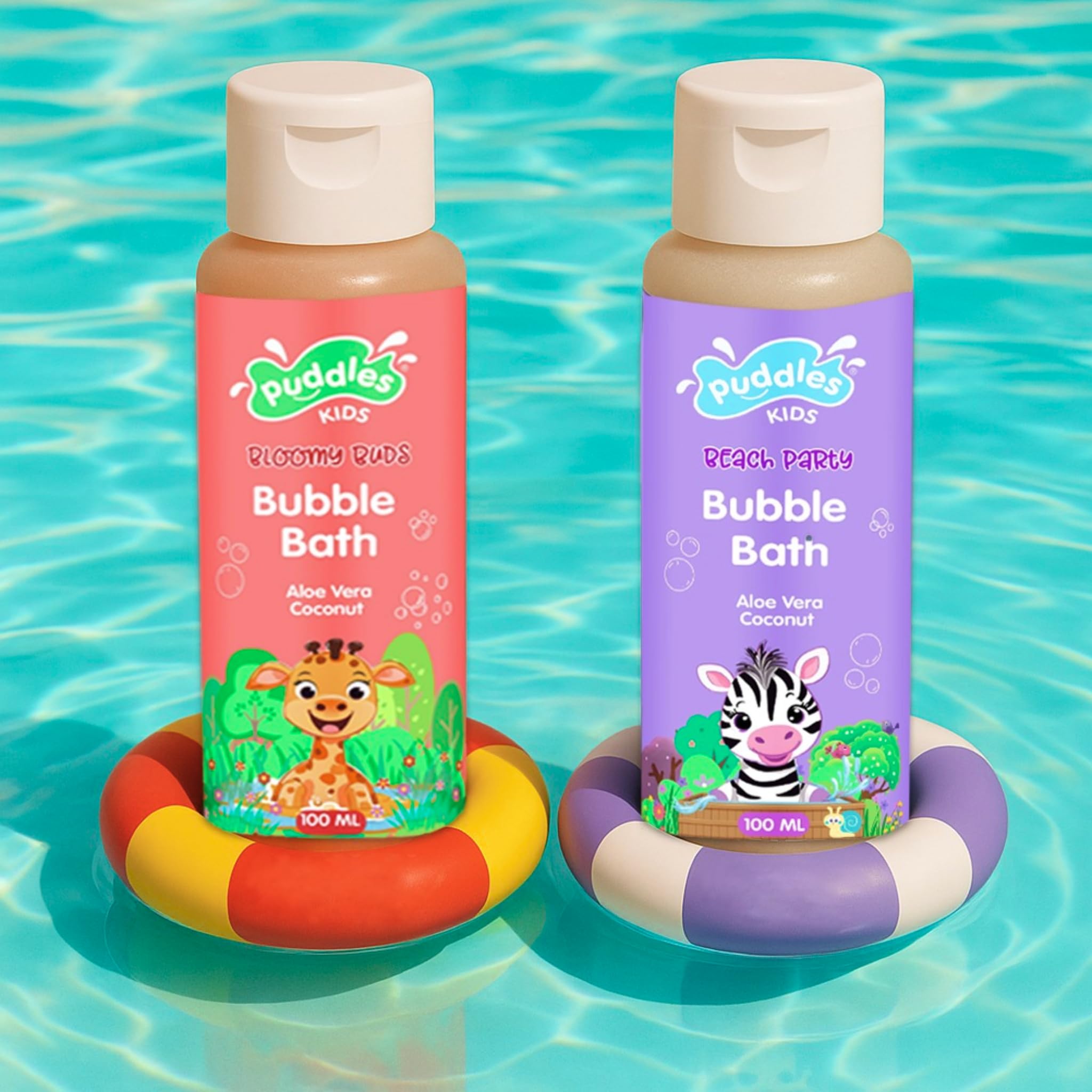 Puddles Kids Tear-Free Bubble Bath & Wash Duo (2 x 100 ml) | Aloe Vera & Coconut | Bloomy Buds & Beach Party | For Kids Age 2+ | Soothes, Cleanses & Nourishes | Paraben & SLS free, 100% Vegan