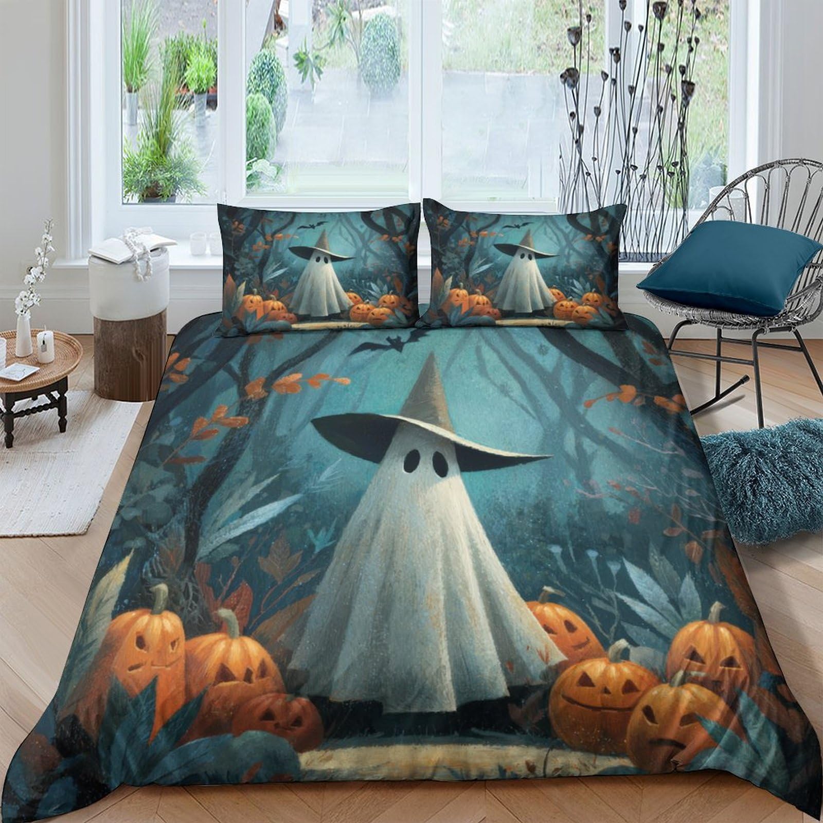 Ctjqhvkz Style-1 3D Printed Halloween Ghost Fitted Sheet Microfiber Soft Pumpkin Forest Bed Cover For Bedroom Dorm Decor Mattress Protection Single（135X200cm）