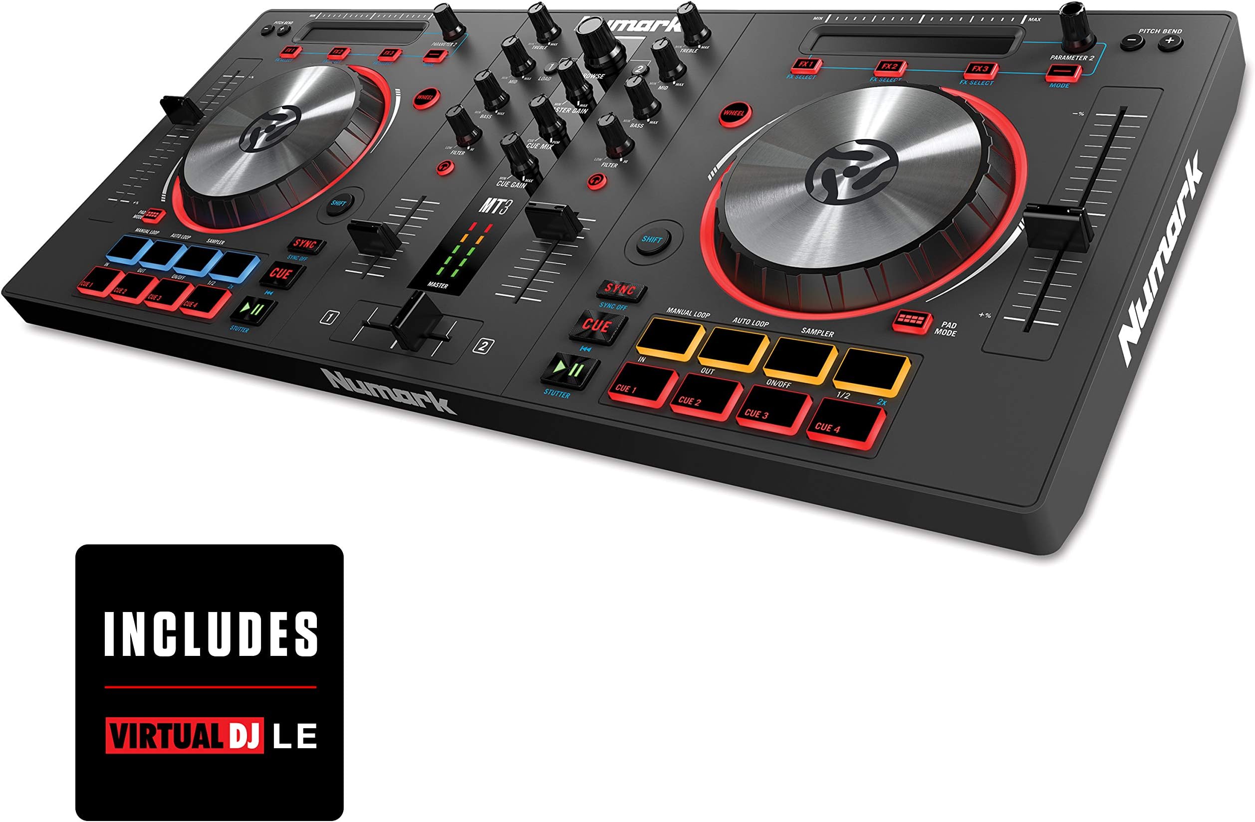 Numark Mixtrack 3 - All-in-One 2-Deck DJ Controller for Serato DJ Including Long-Throw Pitch Faders, 5-Inch High Resolution Jog Wheels and Virtual DJ LE and Prime Loops Remix Tool Kit