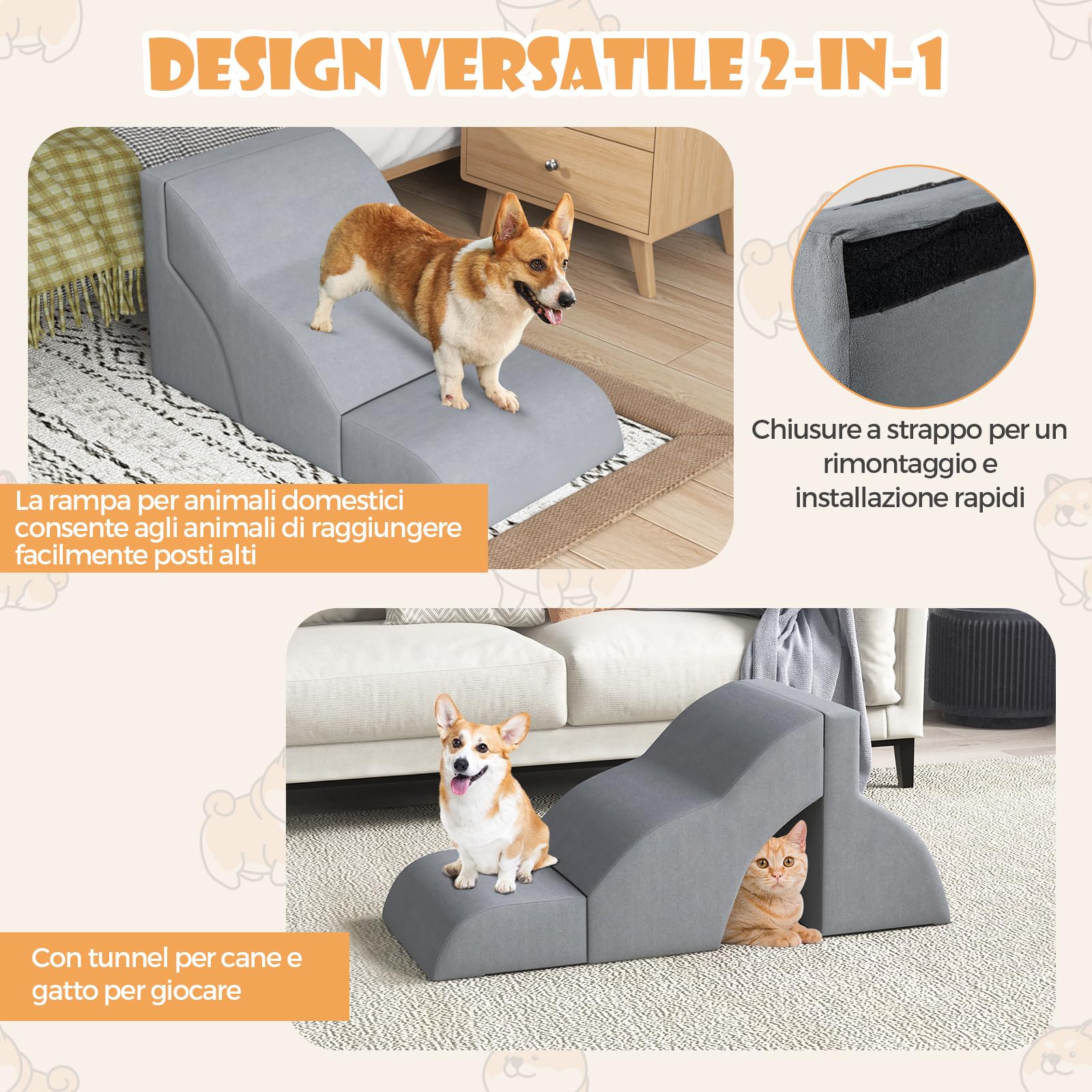 COSTWAY Scale per Cani in Schiuma a 3 Livelli, Rampe Scale per Animali 2 in 1 per Letti e Divani, Gradini per Animali Infortunati e Anziani con Base Antiscivolo, Copertura Lavabile e Rullo Adesivo